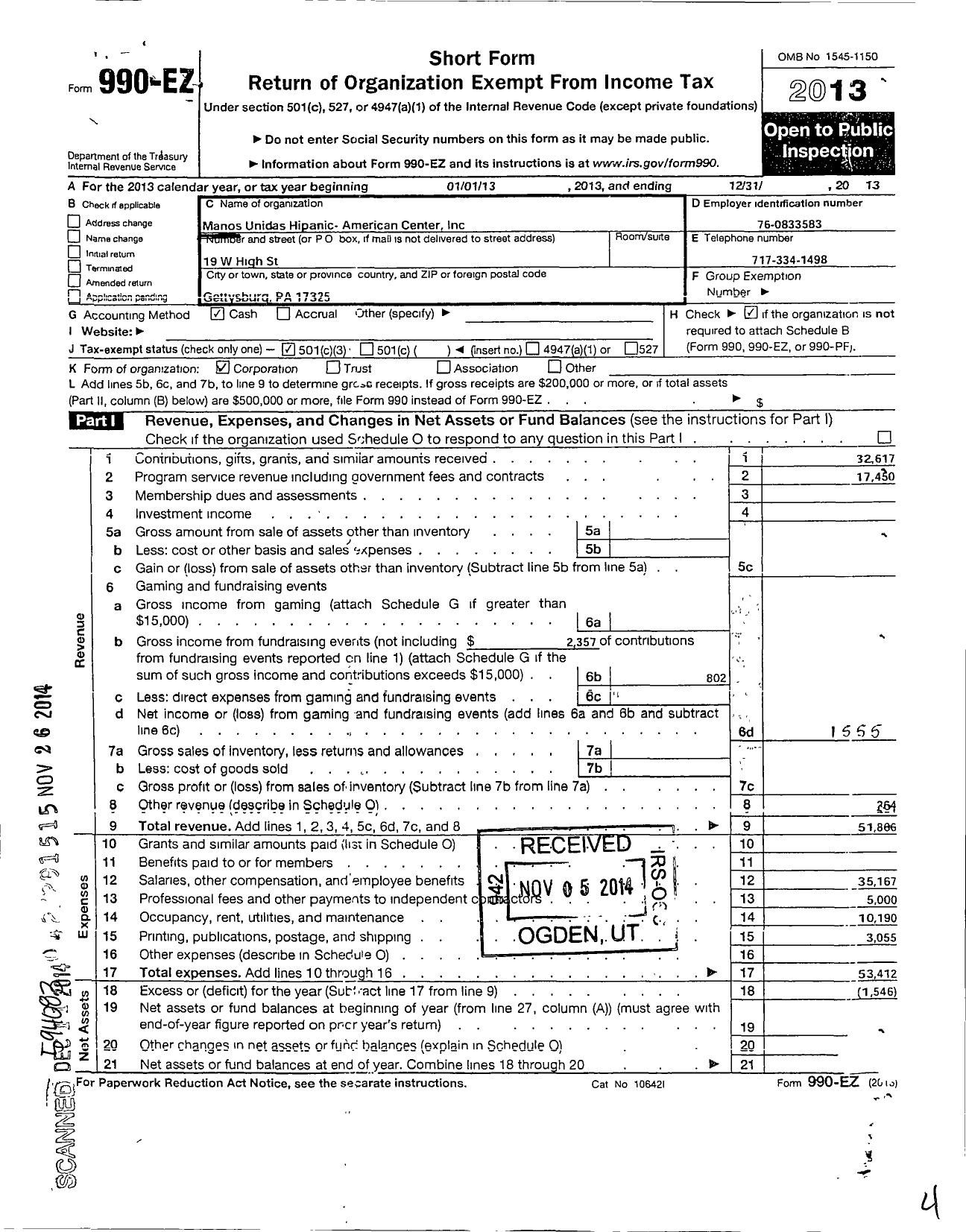 Image of first page of 2013 Form 990EZ for Manos Unidas Hispanic-American Center