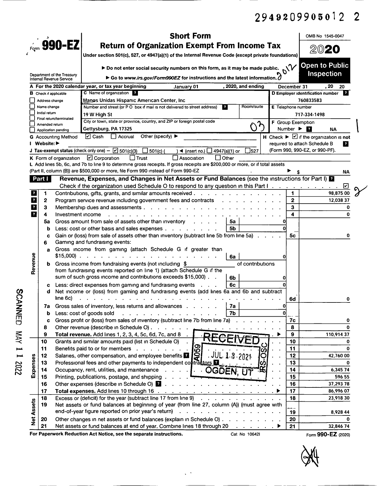 Image of first page of 2020 Form 990EZ for Manos Unidas Hispanic-American Center