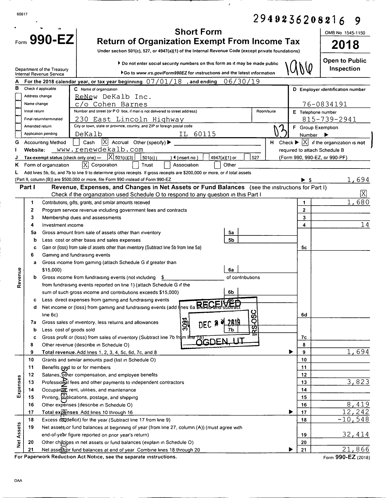 Image of first page of 2018 Form 990EZ for Proudly DeKalb