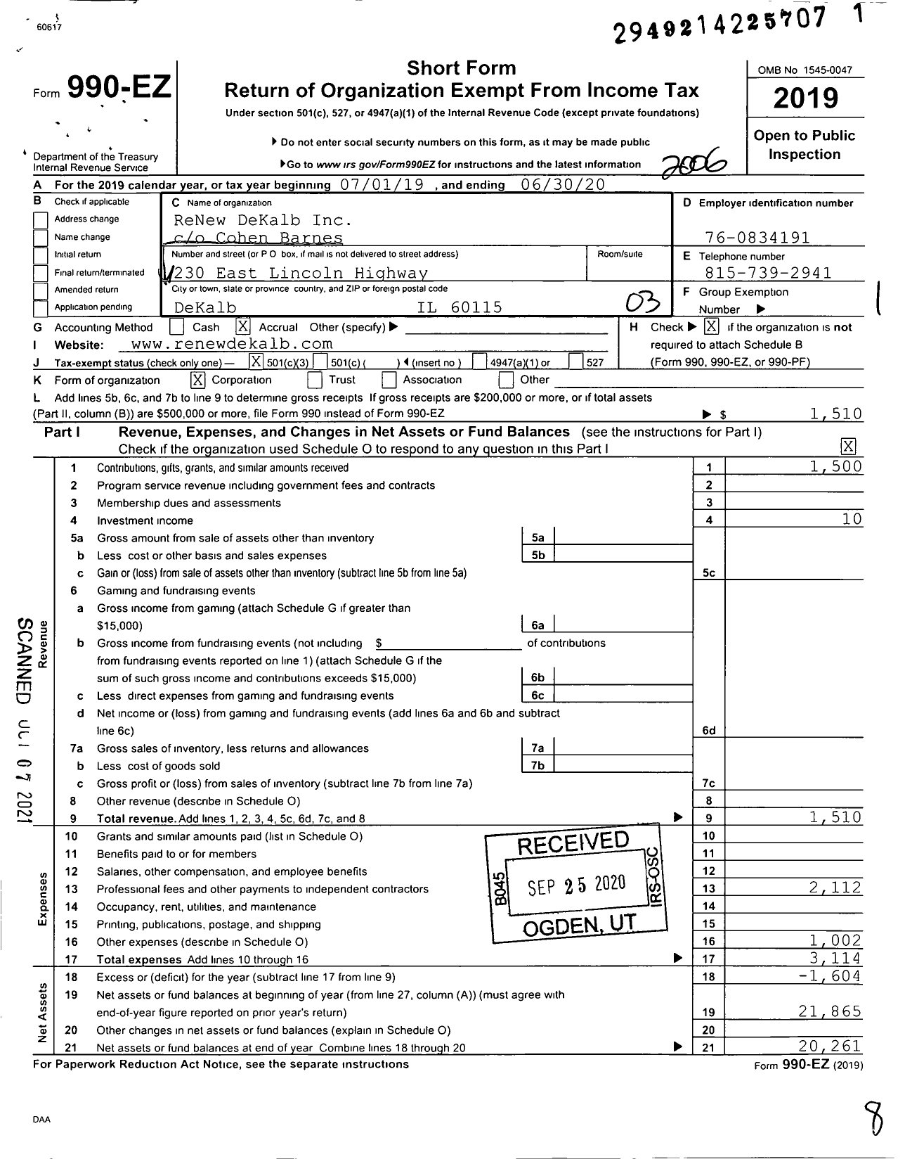 Image of first page of 2019 Form 990EZ for Proudly DeKalb