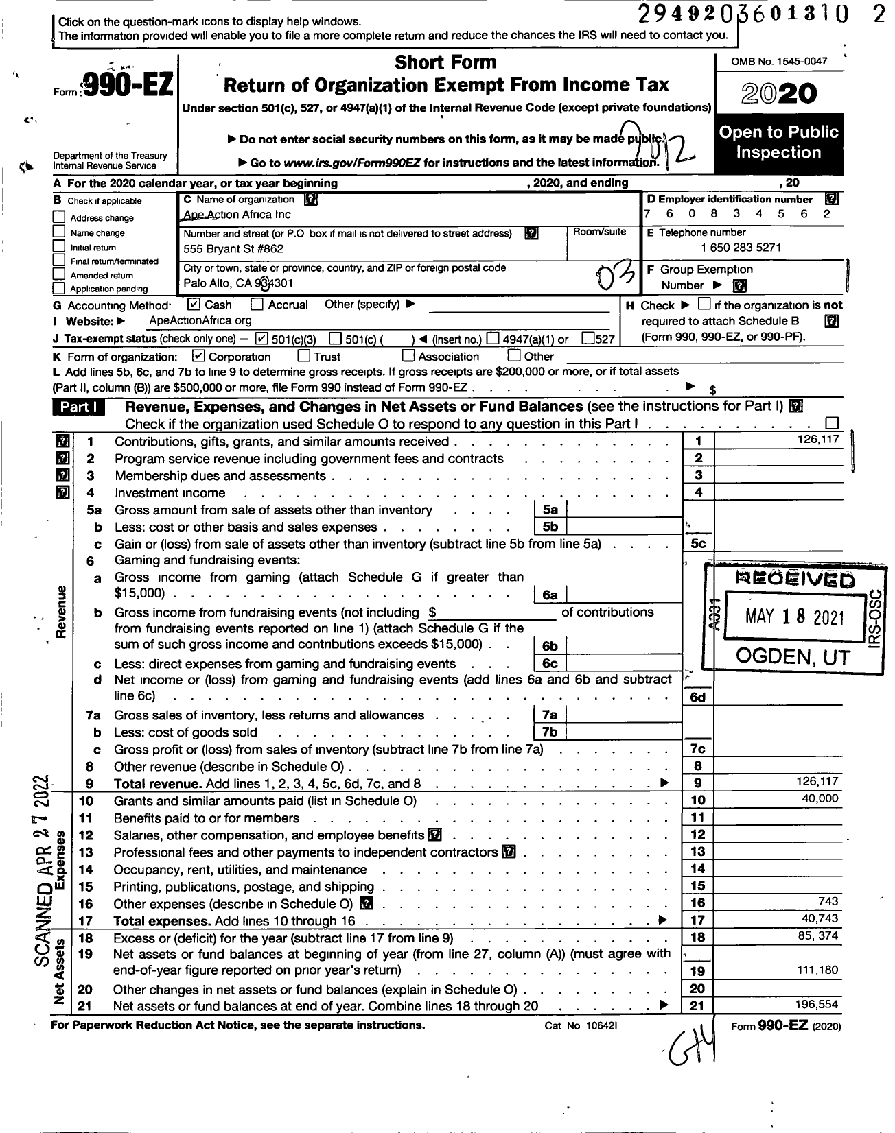 Image of first page of 2020 Form 990EZ for Ape Action Africa