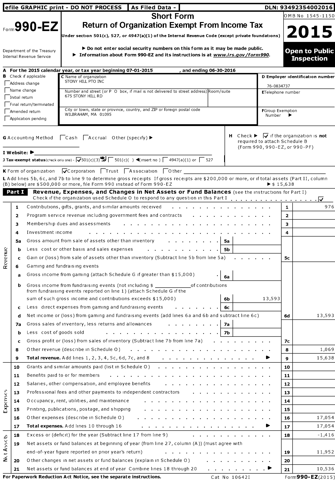 Image of first page of 2015 Form 990EZ for Stony Hill Pto