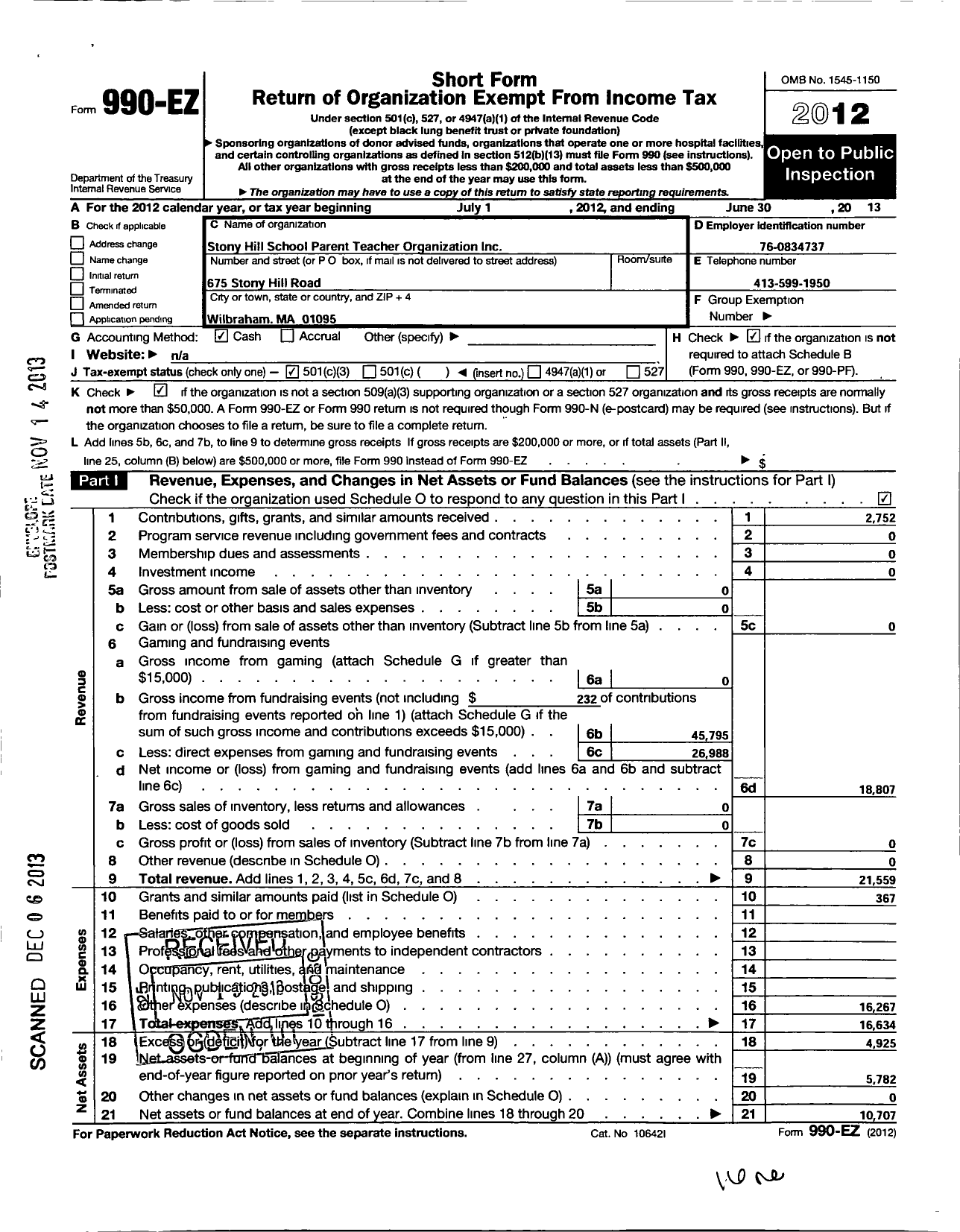Image of first page of 2012 Form 990EZ for Stony Hill Pto