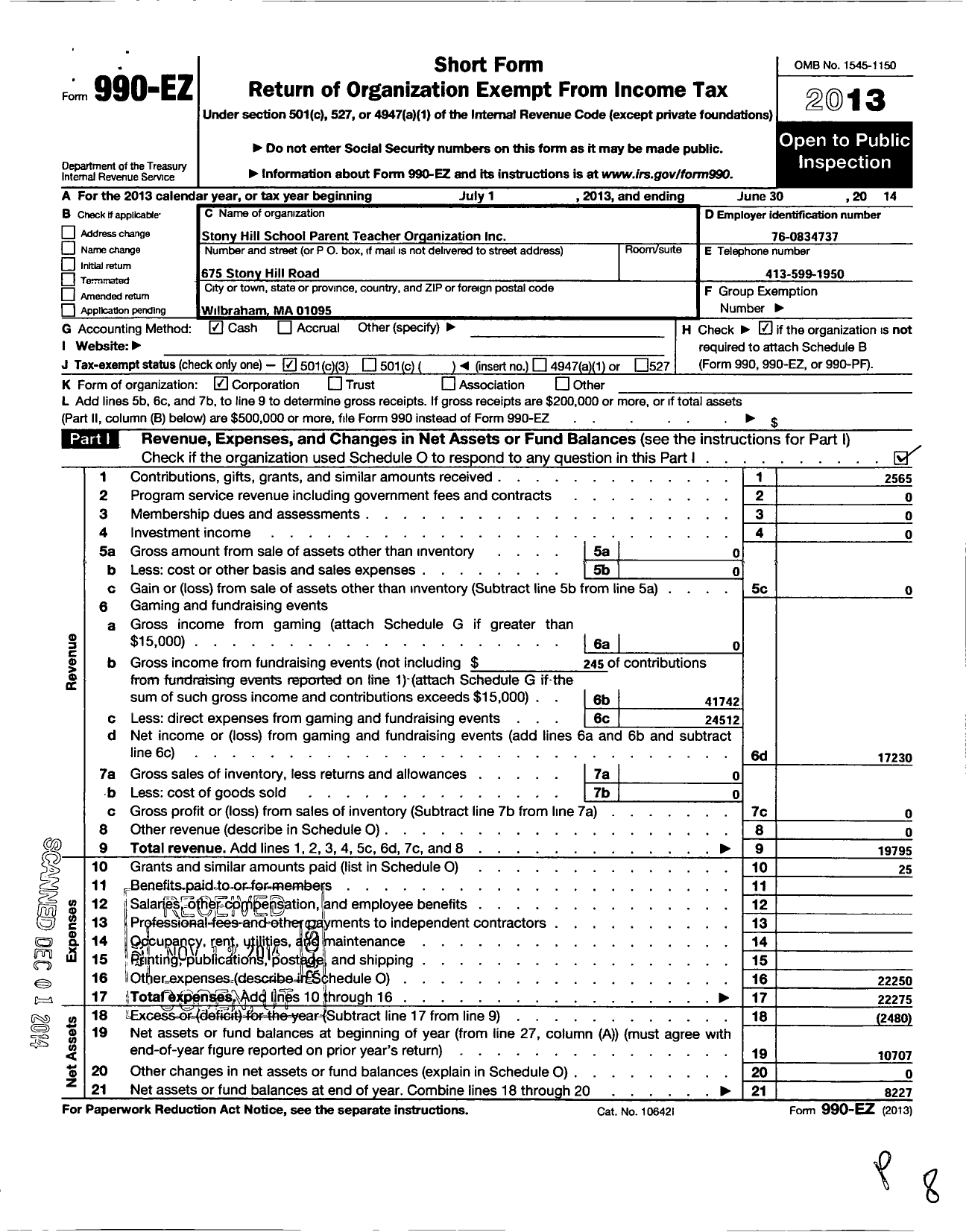 Image of first page of 2013 Form 990EZ for Stony Hill Pto