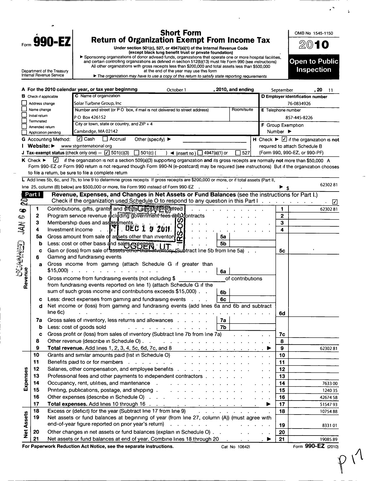 Image of first page of 2010 Form 990EZ for Solar Turbine Group