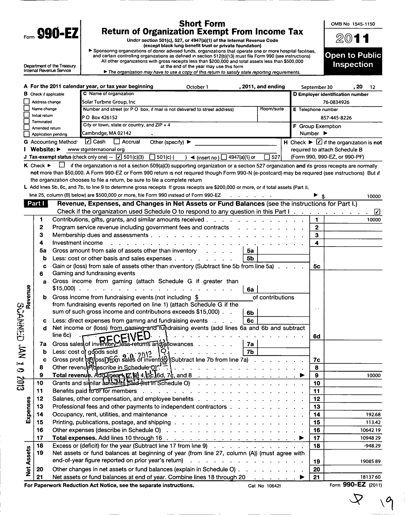 Image of first page of 2011 Form 990EZ for Solar Turbine Group