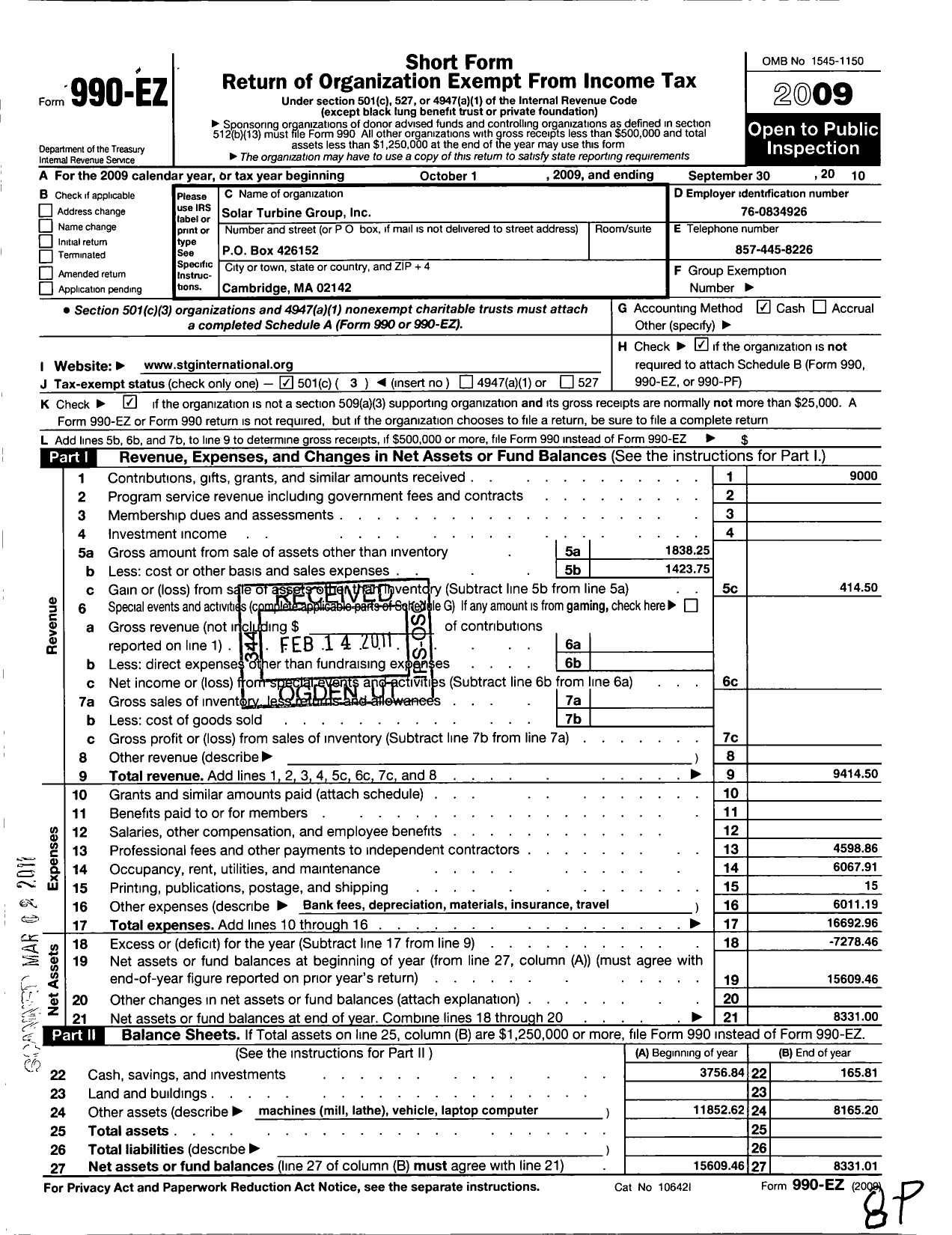 Image of first page of 2009 Form 990EZ for Solar Turbine Group