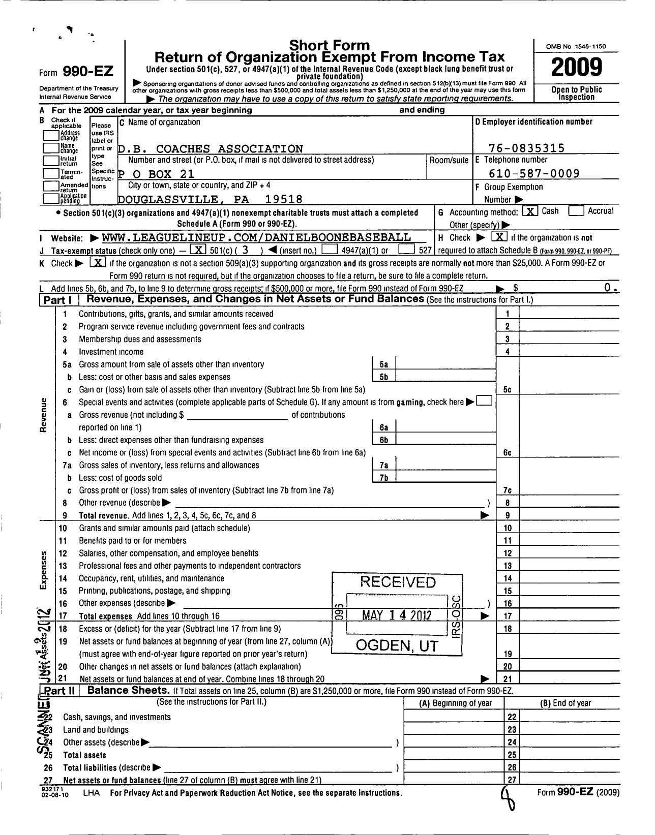 Image of first page of 2009 Form 990EZ for D B Coaches Association