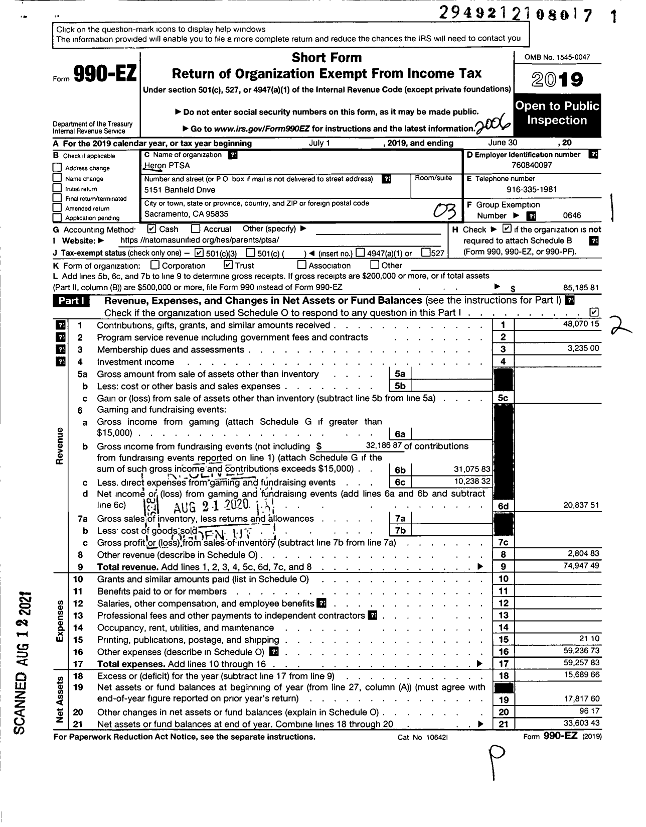 Image of first page of 2019 Form 990EZ for California State PTA - Heron PTSA