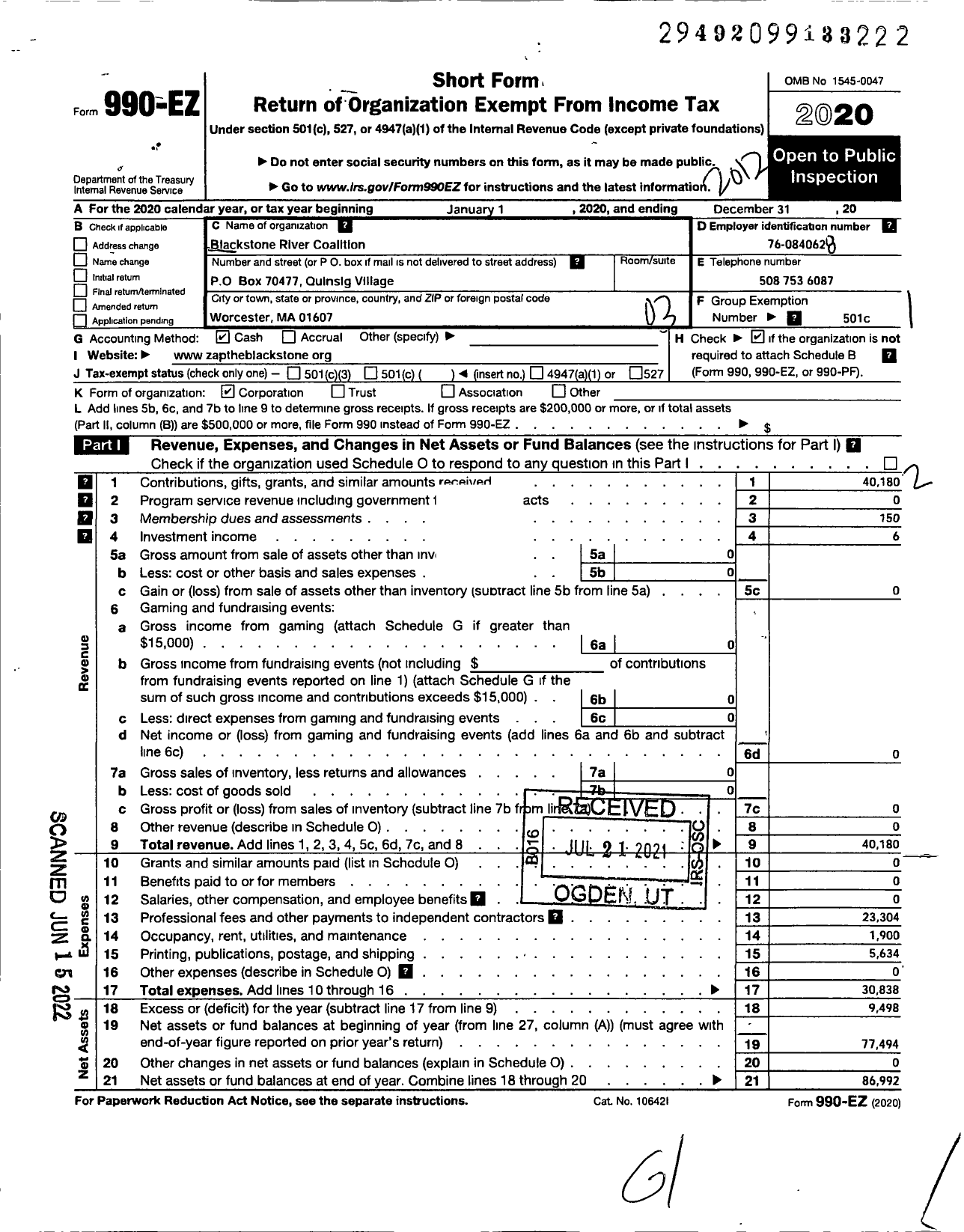 Image of first page of 2020 Form 990EZ for Blackstone River Coalition