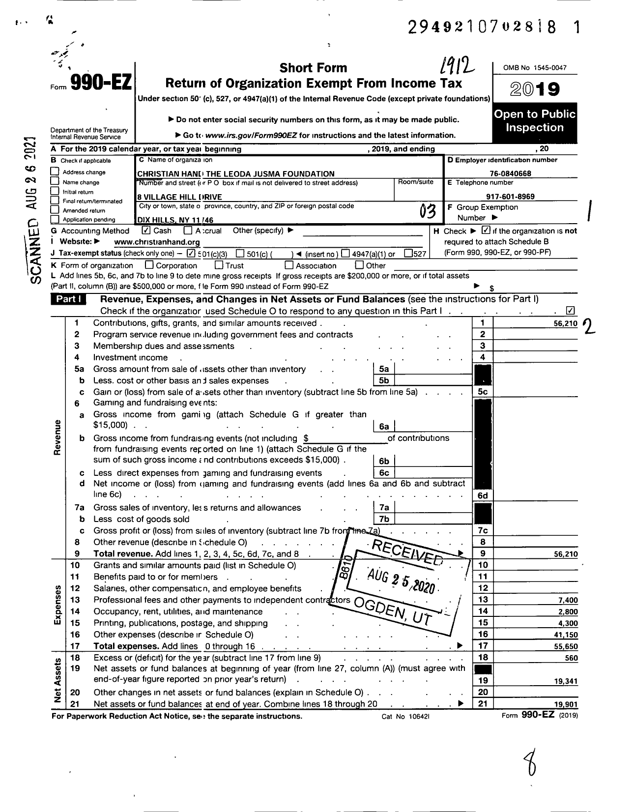 Image of first page of 2019 Form 990EZ for Christian Hand