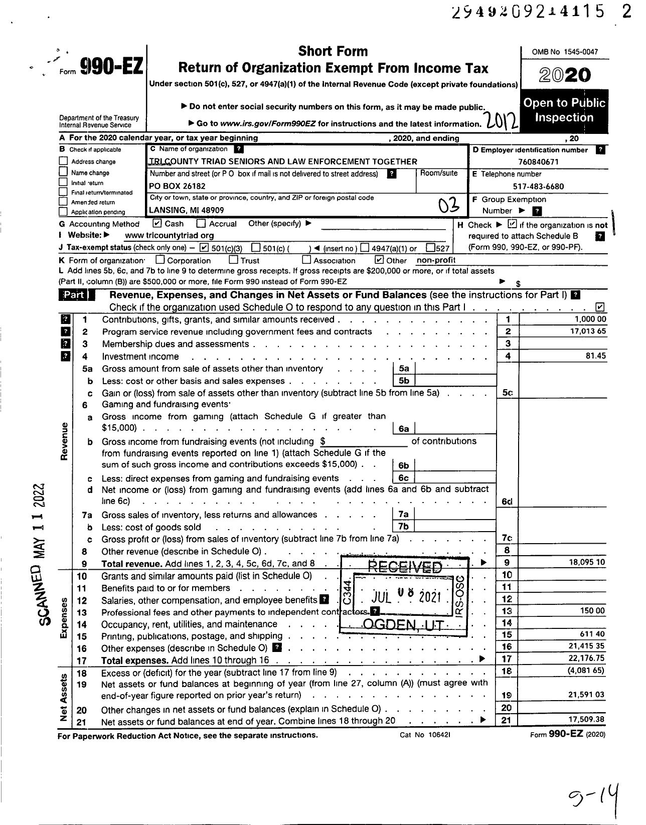 Image of first page of 2020 Form 990EZ for Ingham County Triad