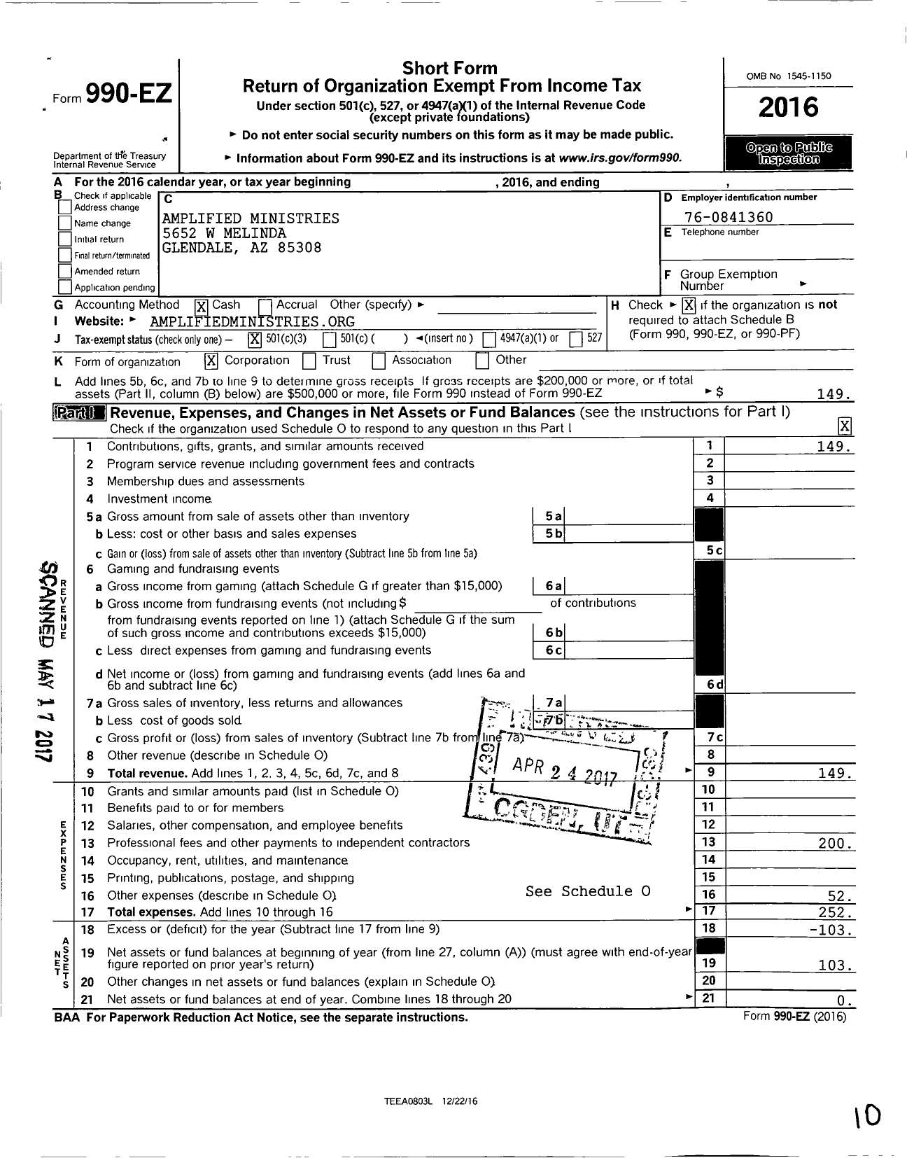 Image of first page of 2016 Form 990EZ for Amplified Ministries