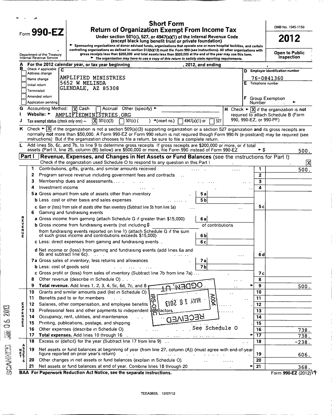 Image of first page of 2012 Form 990EZ for Amplified Ministries