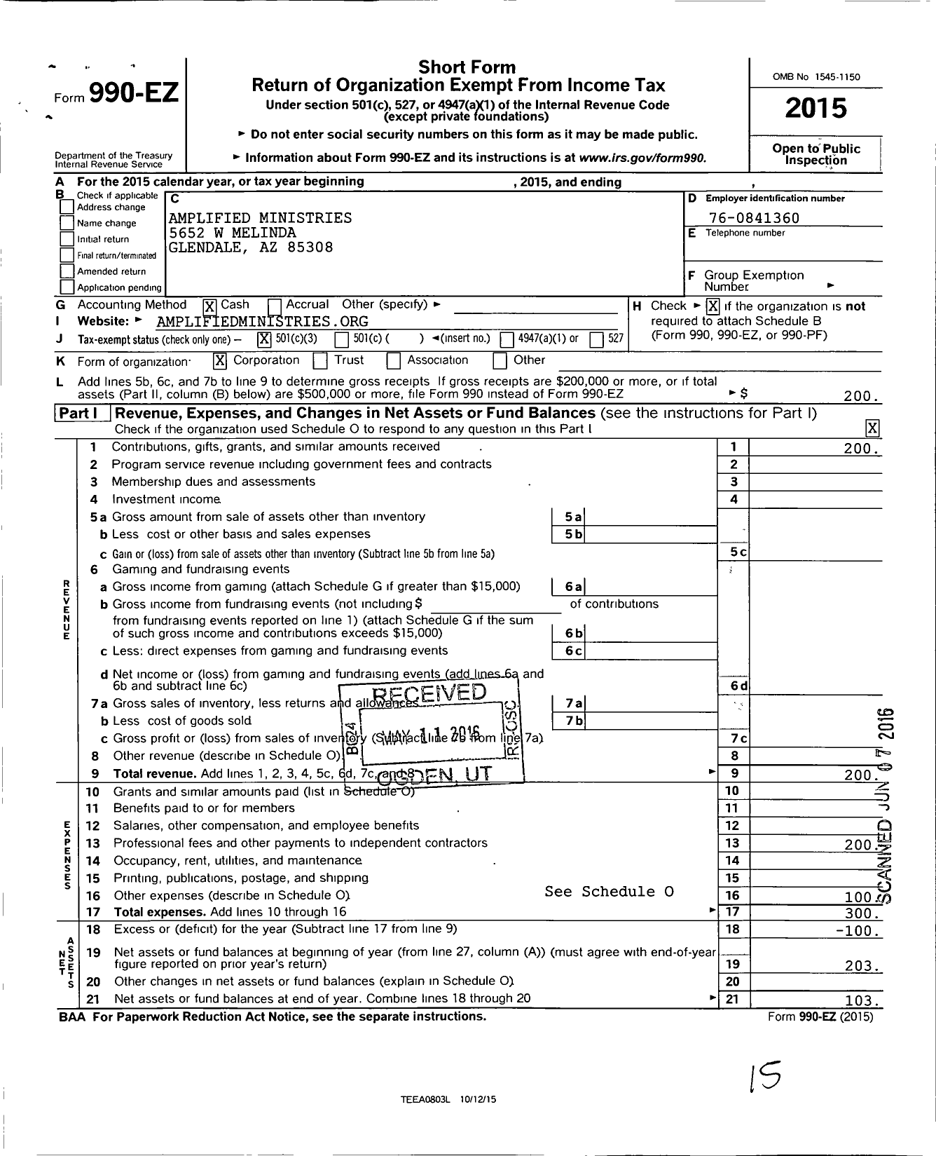 Image of first page of 2015 Form 990EZ for Amplified Ministries