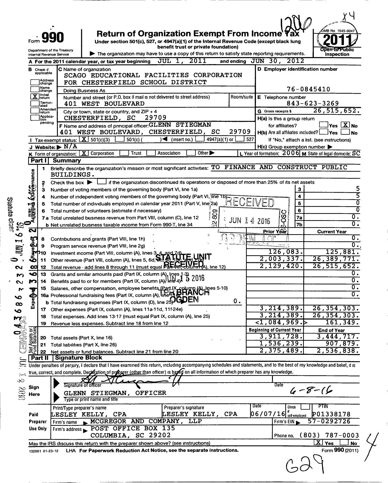 Image of first page of 2011 Form 990 for Scago Educational Facilities Corporation for Chesterfield School
