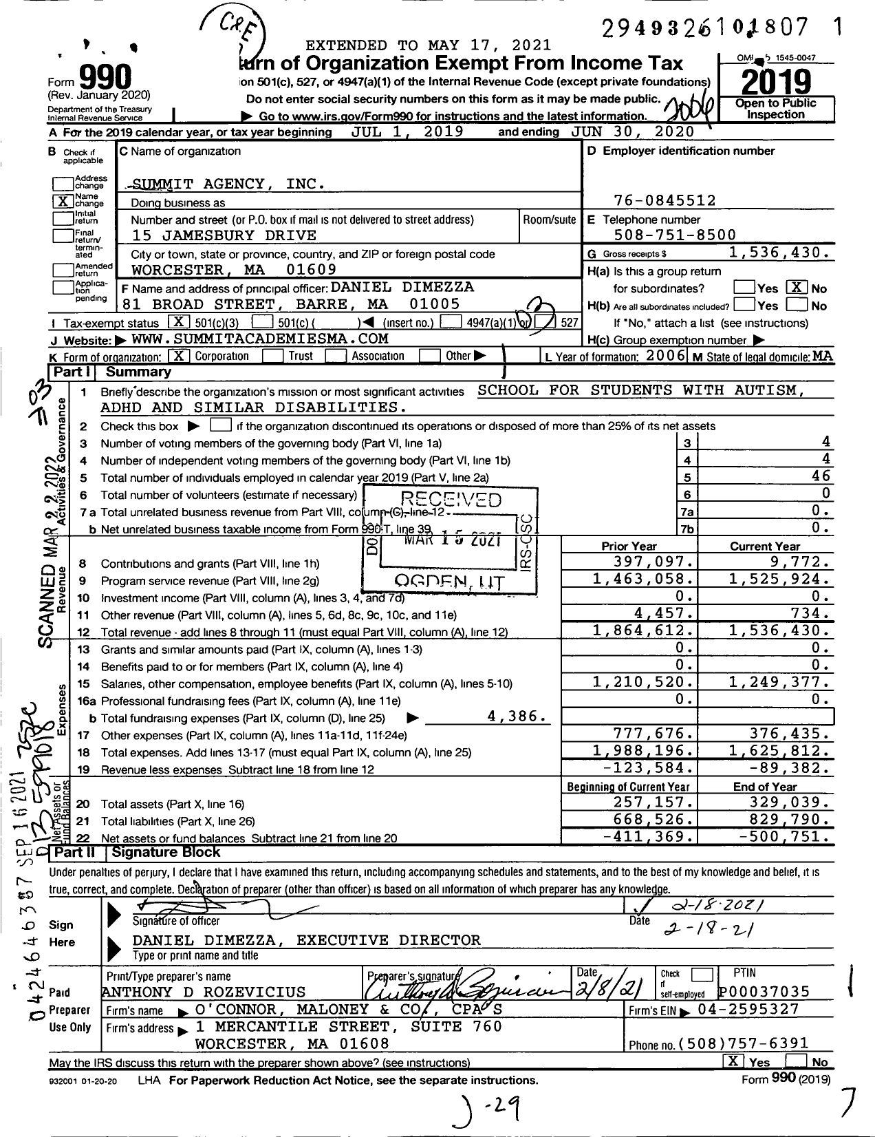 Image of first page of 2019 Form 990 for Summit Agency