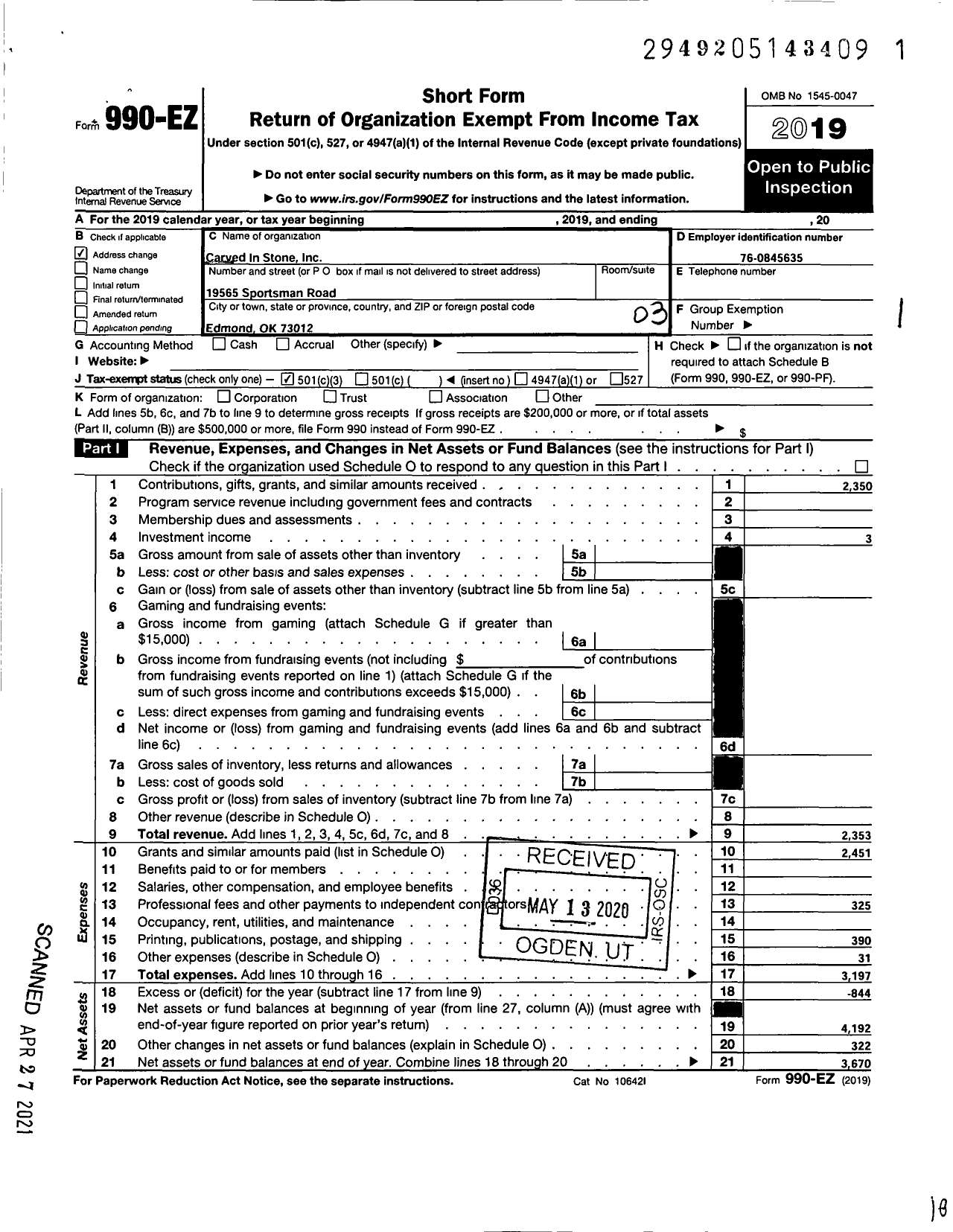 Image of first page of 2019 Form 990EZ for Carved in Stone