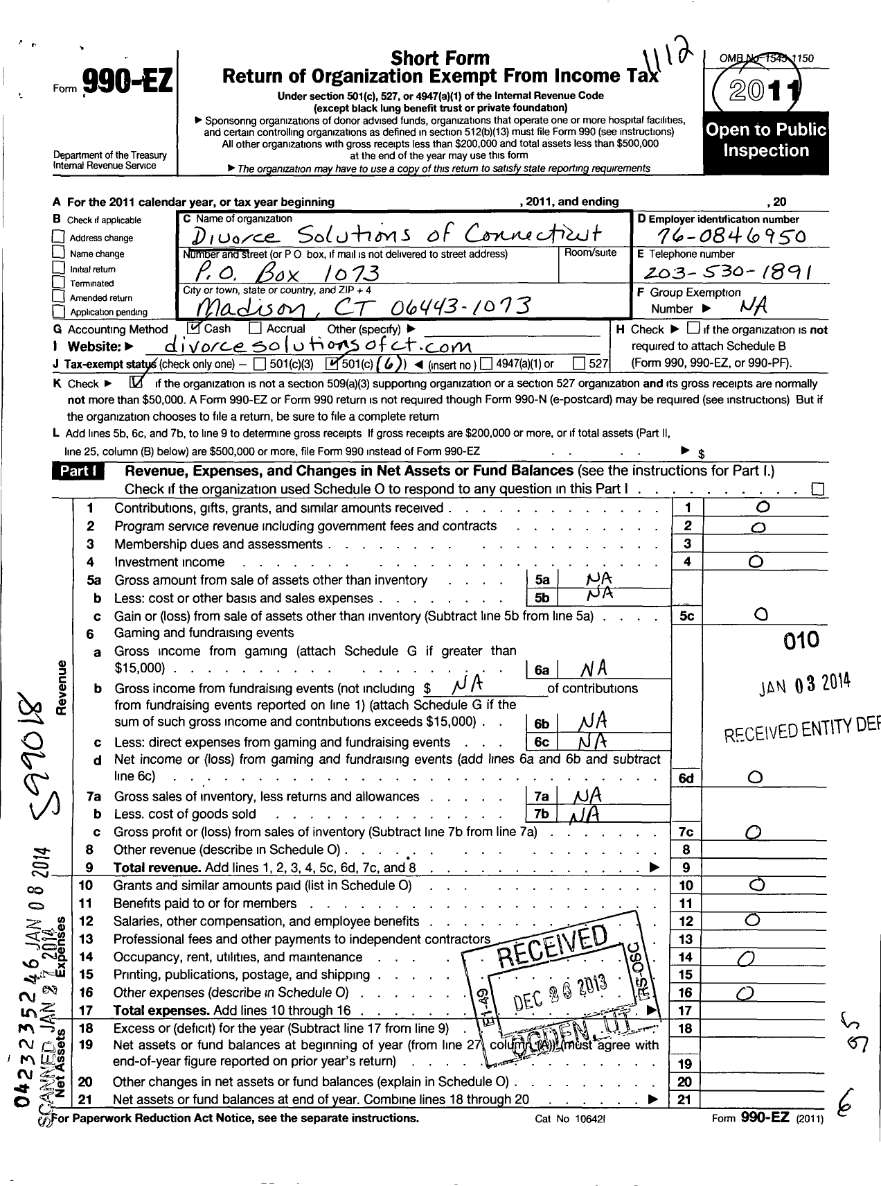 Image of first page of 2011 Form 990EO for Divorce Solutions of Connecticut