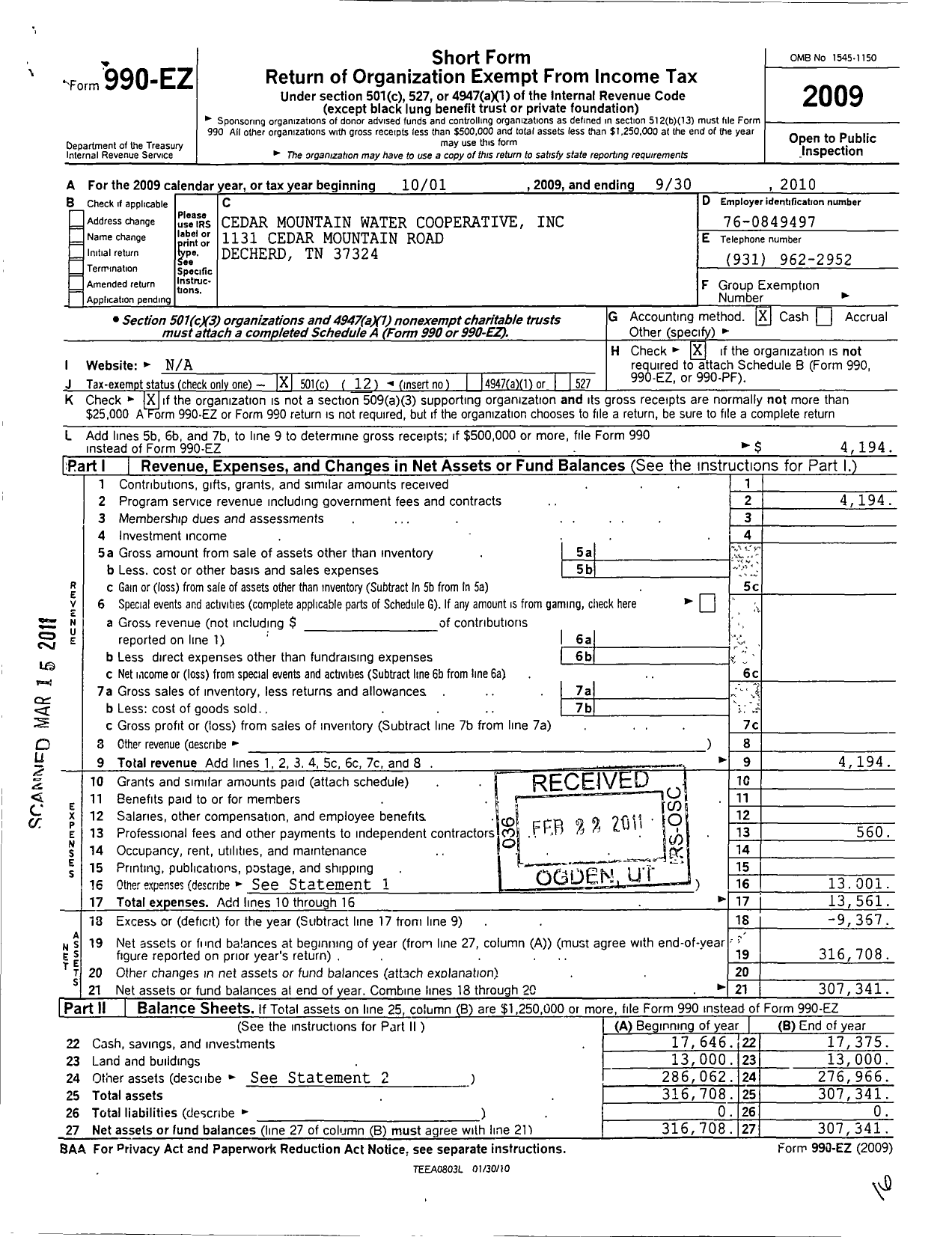 Image of first page of 2009 Form 990EO for Cedar Mountain Water Co-Op