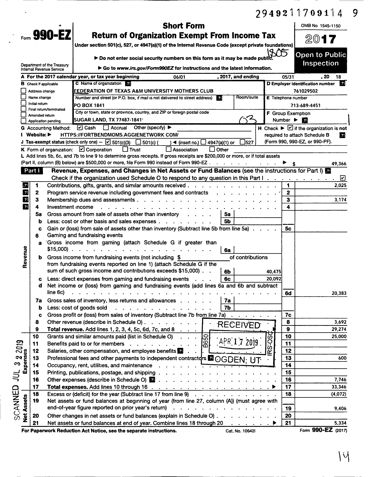 Image of first page of 2017 Form 990EZ for Federation of Texas A&m University Mothers Club / Fort Bend County