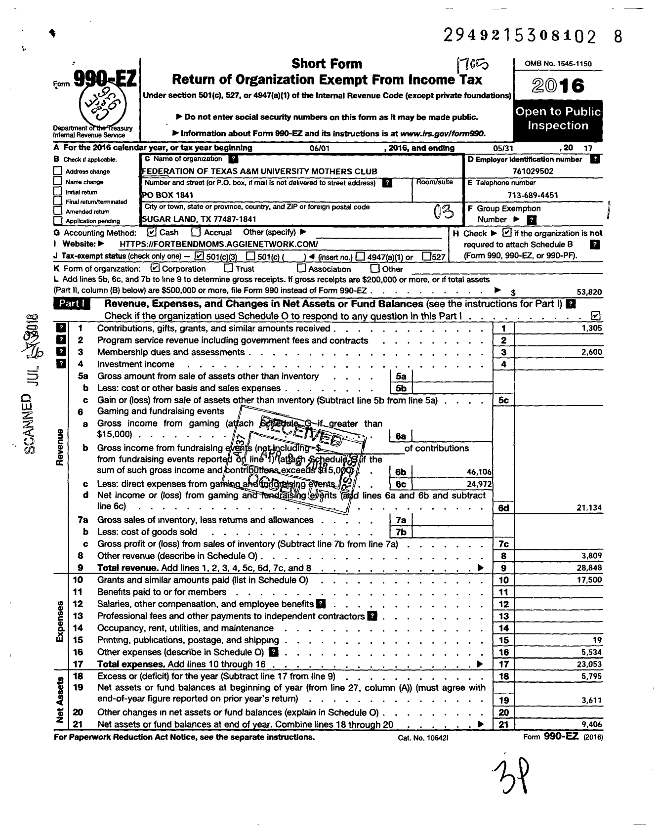 Image of first page of 2016 Form 990EZ for Federation of Texas A&m University Mothers Club / Fort Bend County