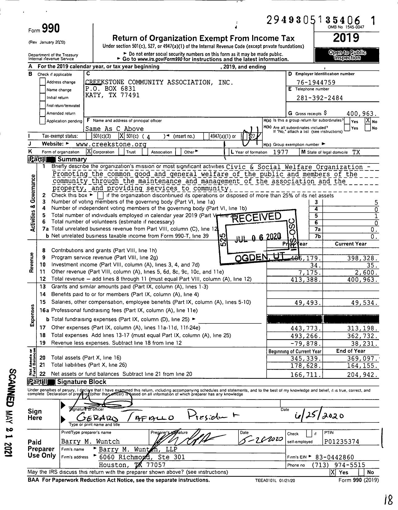 Image of first page of 2019 Form 990O for Creekstone Community Association