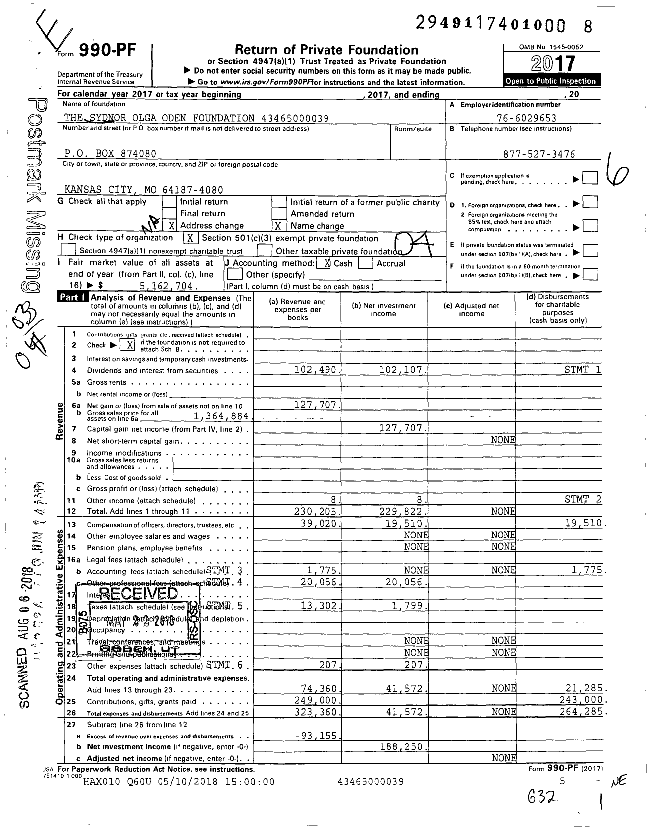 Image of first page of 2017 Form 990PF for The Sydnor Olga Oden Foundation