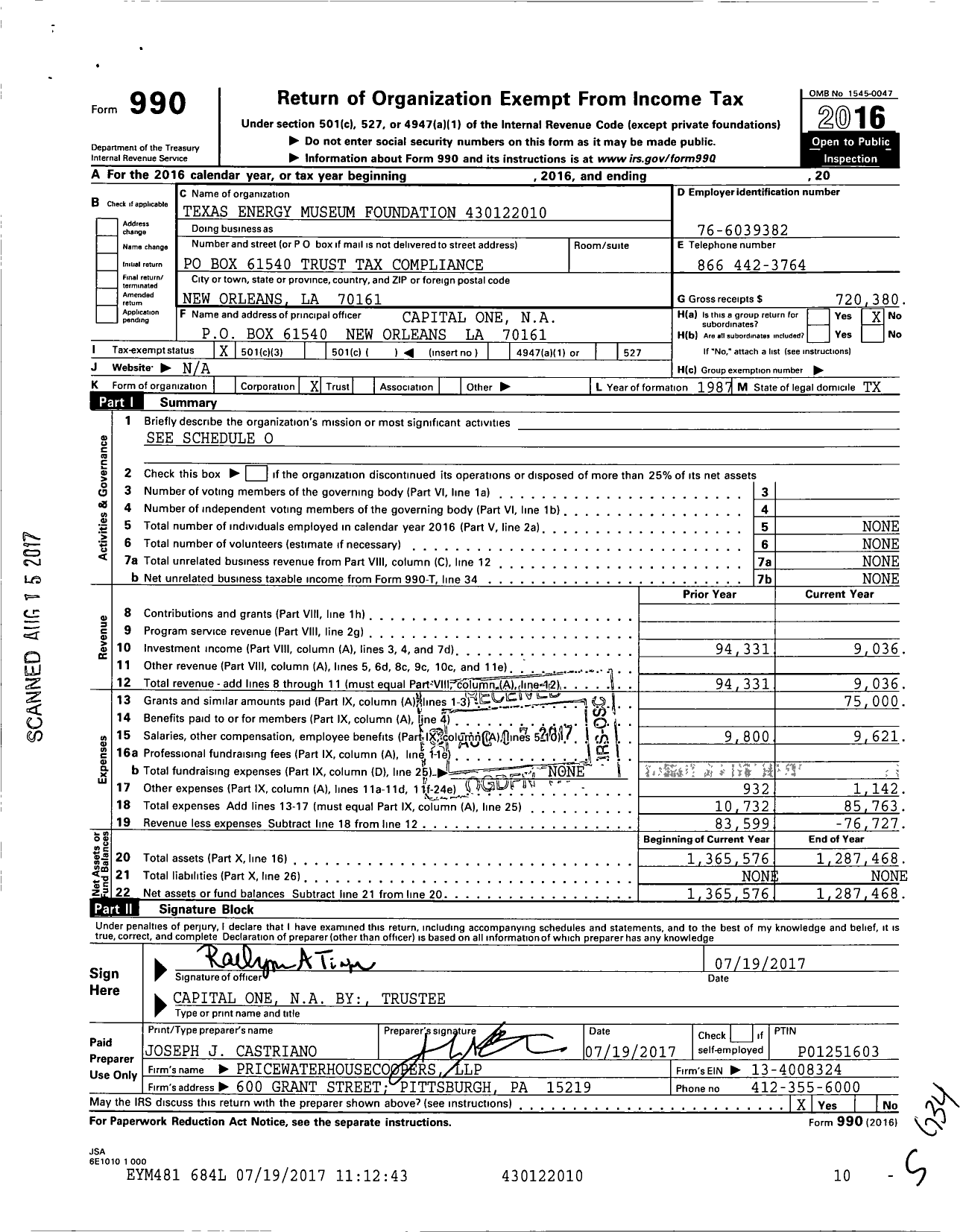 Image of first page of 2016 Form 990 for Texas Energy Museum Foundation