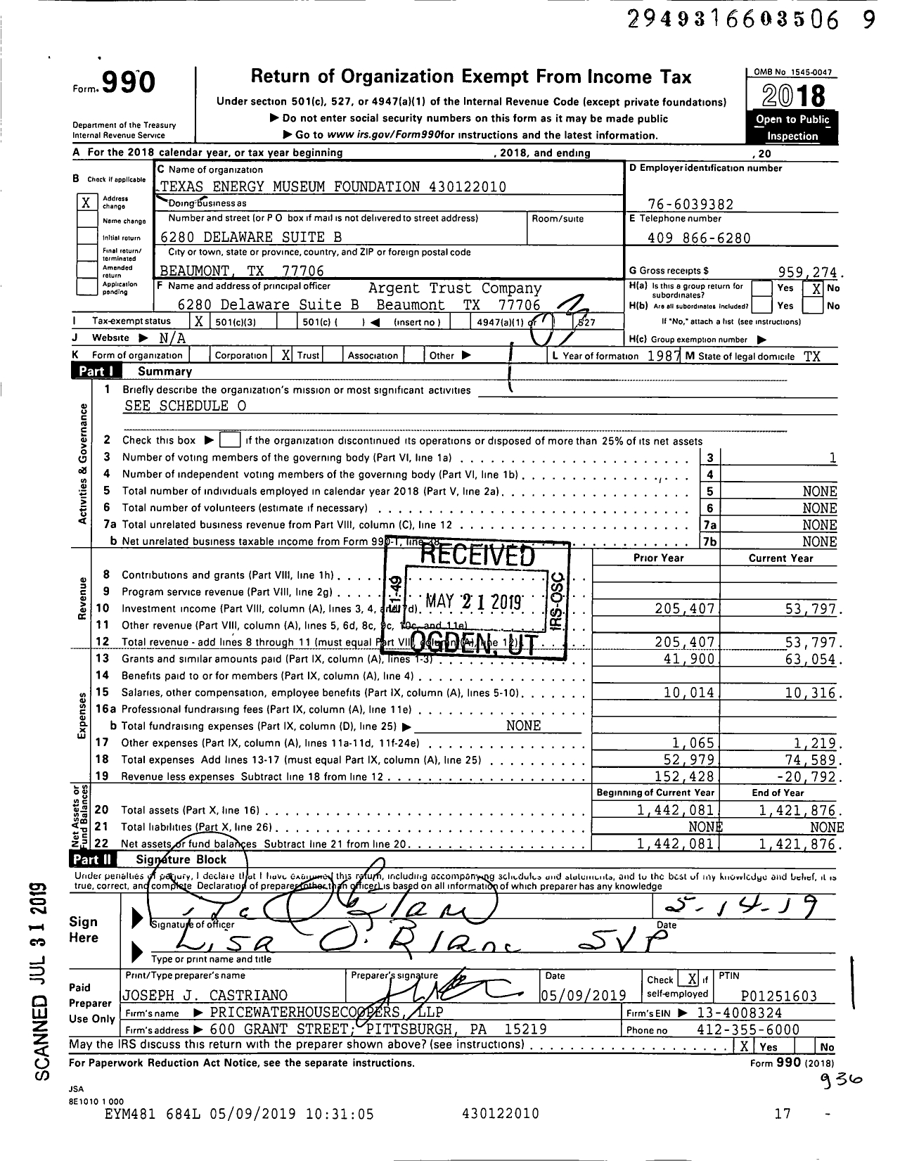 Image of first page of 2018 Form 990 for Texas Energy Museum Foundation