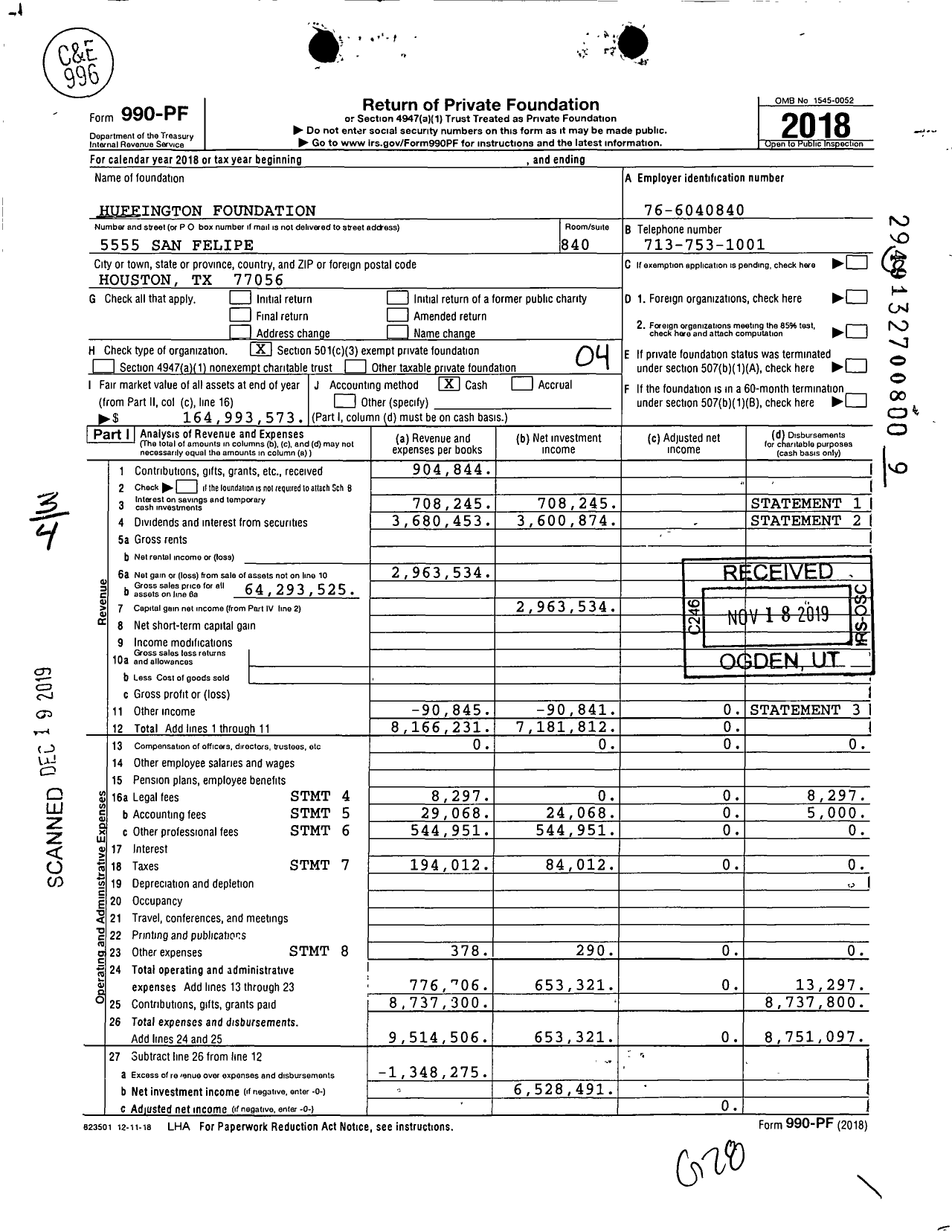 Image of first page of 2018 Form 990PF for Huffington Foundation