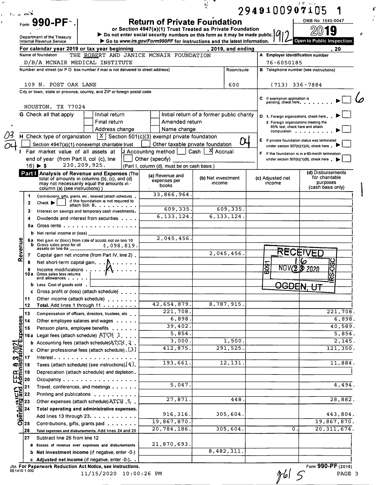Image of first page of 2019 Form 990PF for The Robert and Janice McNair Foundation