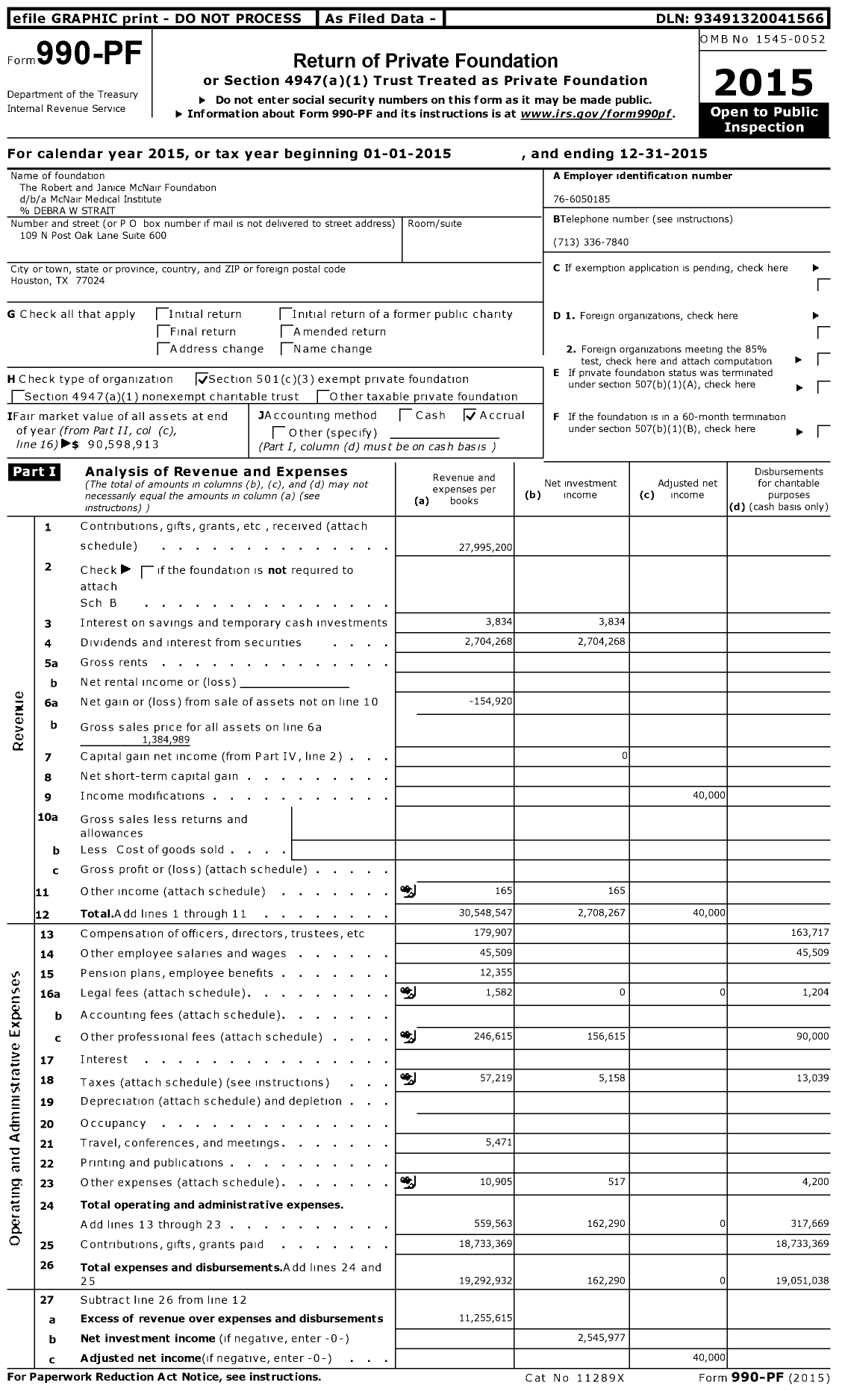 Image of first page of 2015 Form 990PF for The Robert and Janice McNair Foundation