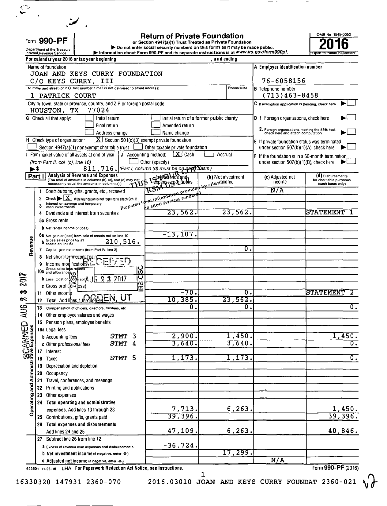 Image of first page of 2016 Form 990PF for Joan and Keys Curry Foundation