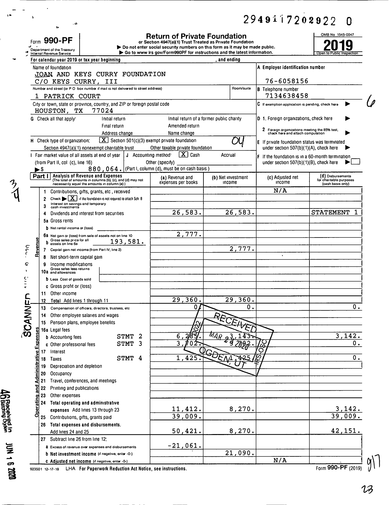 Image of first page of 2019 Form 990PR for Joan and Keys Curry Foundation