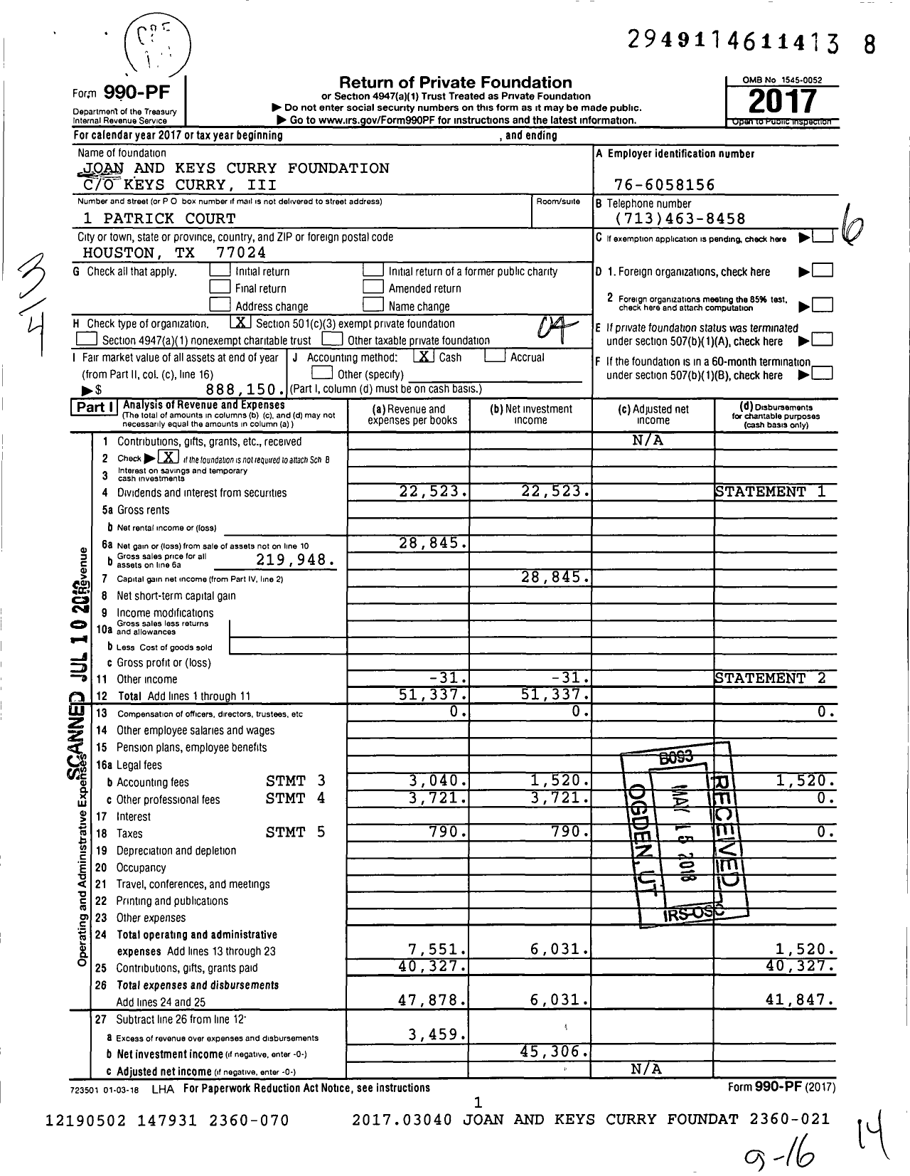 Image of first page of 2017 Form 990PF for Joan and Keys Curry Foundation