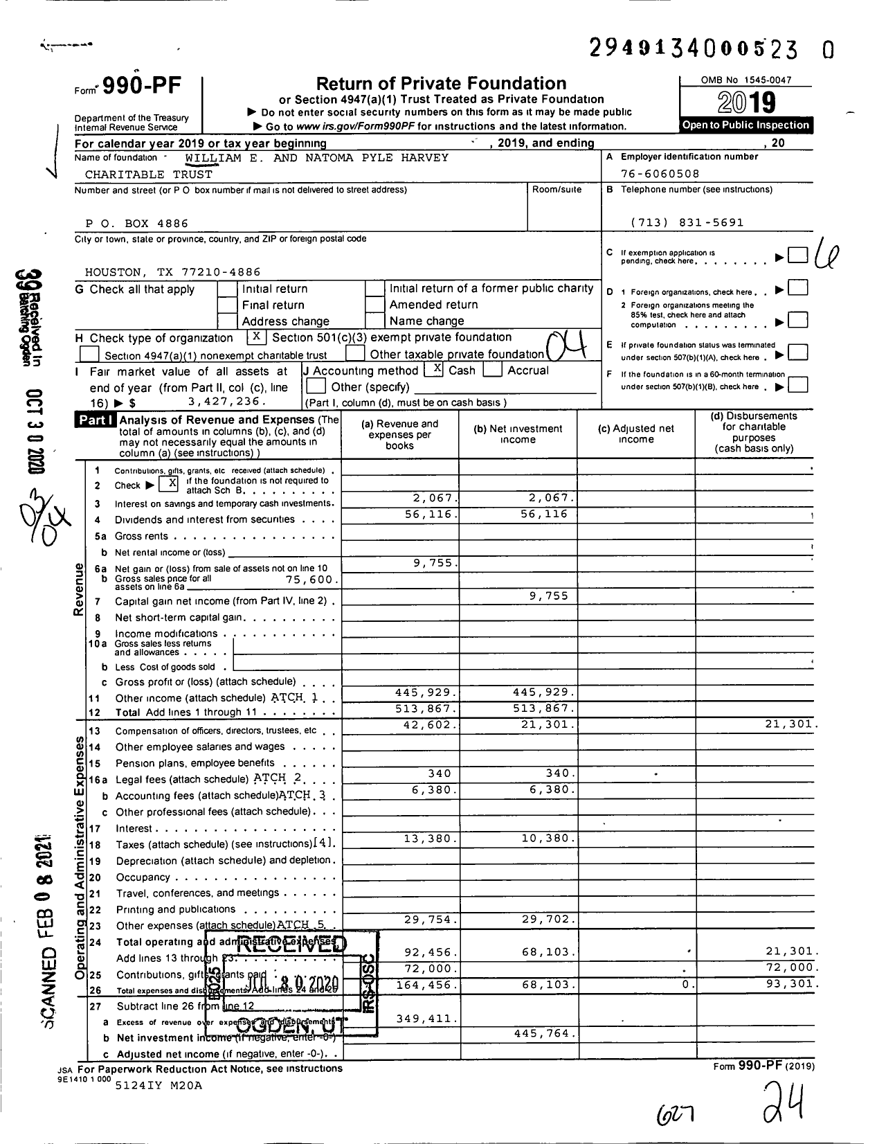 Image of first page of 2019 Form 990PF for William Eand Natoma Pyle Harvey Charitable