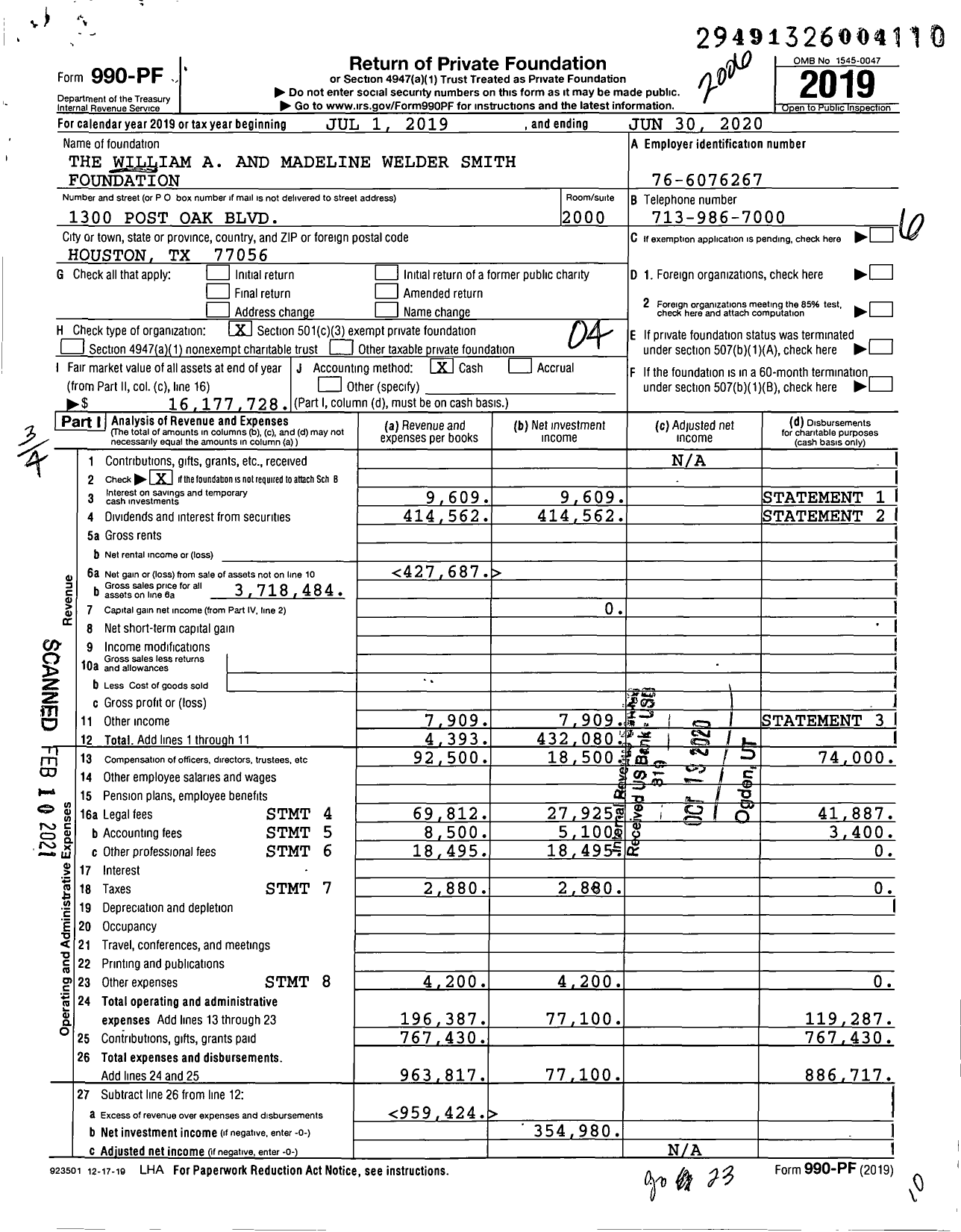 Image of first page of 2019 Form 990PF for The William A and Madeline Welder Smith Foundation Attn Kay Parker