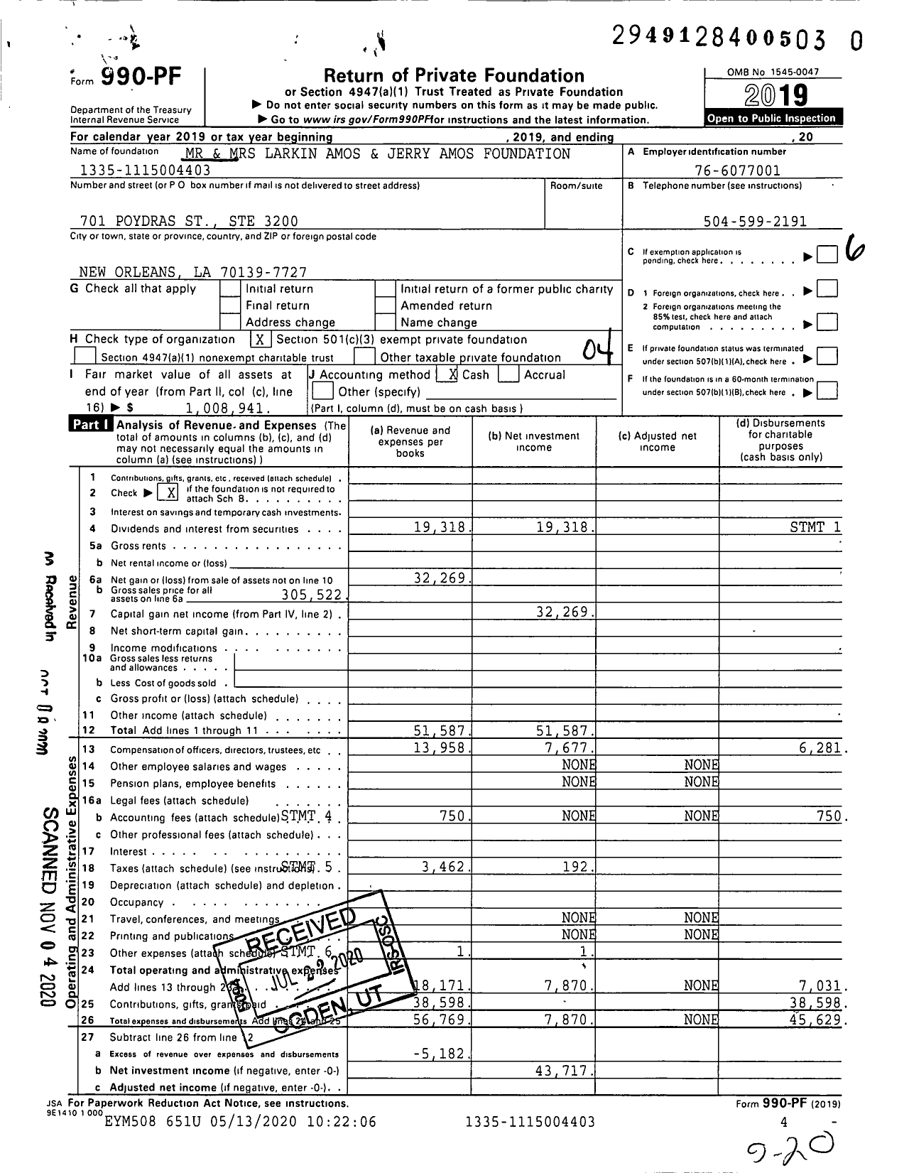 Image of first page of 2019 Form 990PF for Mr and MRS Larkin Amos and Jerry Amos Foundation