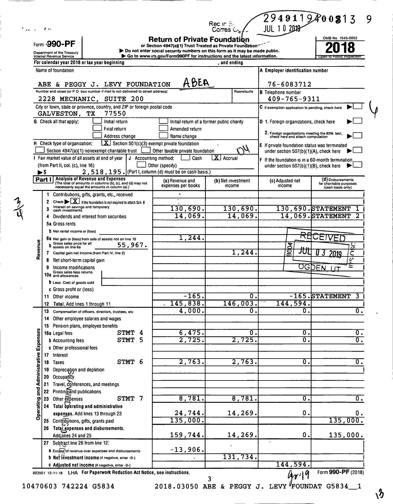 Image of first page of 2018 Form 990PF for Abe and Peggy J Levy Foundation