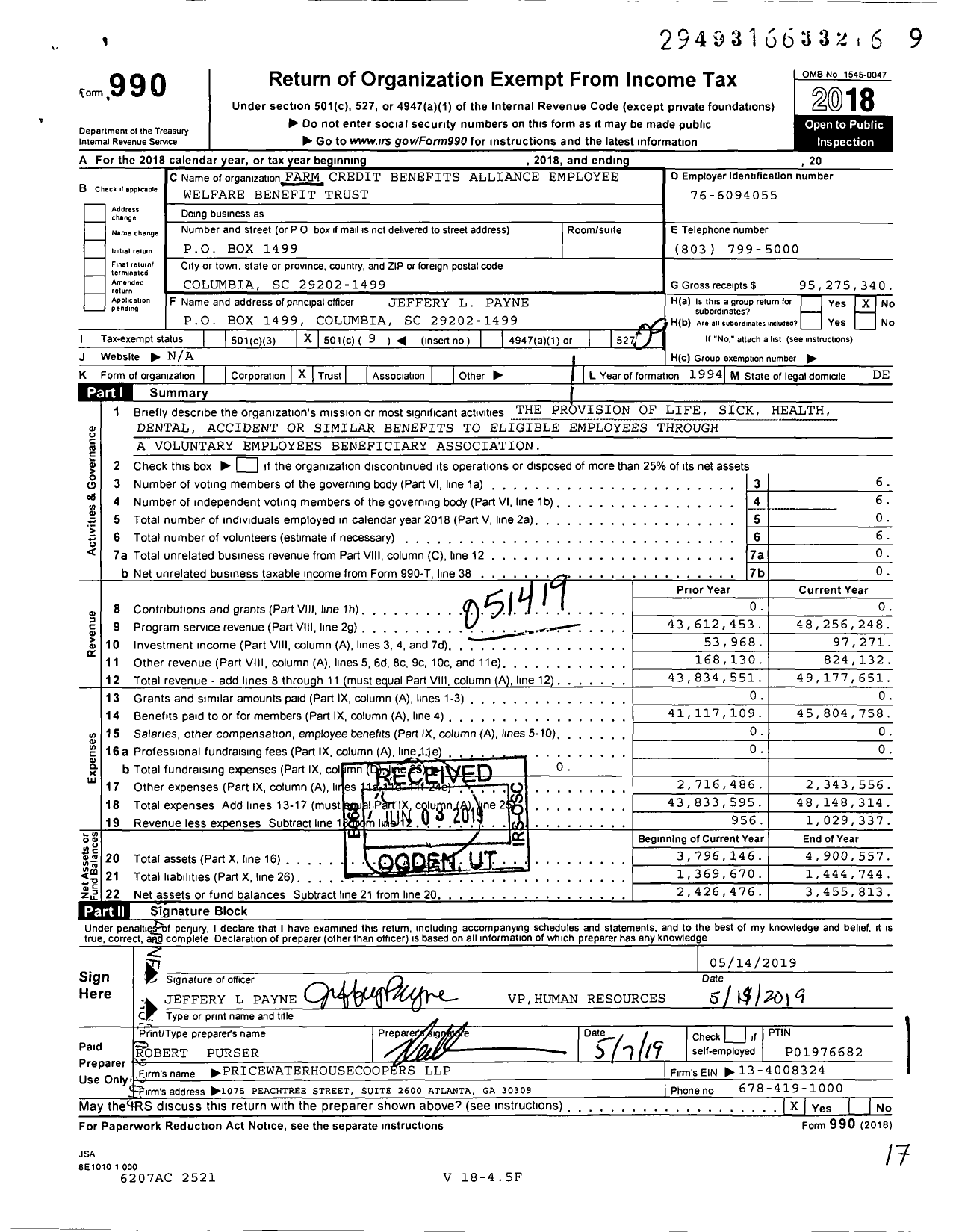 Image of first page of 2018 Form 990O for Farm Credit Benefits Alliance Employee Welfare Benefit Trust