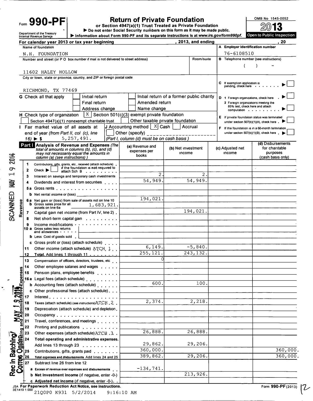 Image of first page of 2013 Form 990PF for N H Foundation