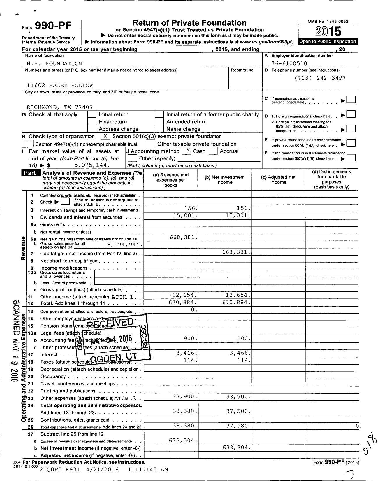 Image of first page of 2015 Form 990PF for N H Foundation