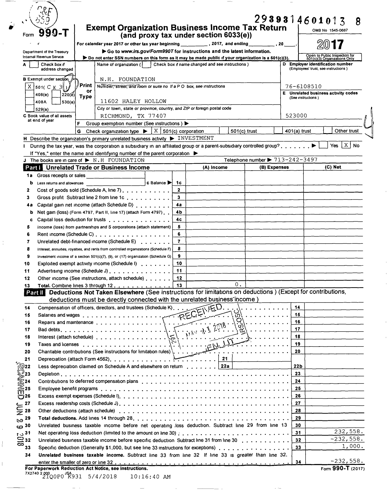 Image of first page of 2017 Form 990T for N H Foundation