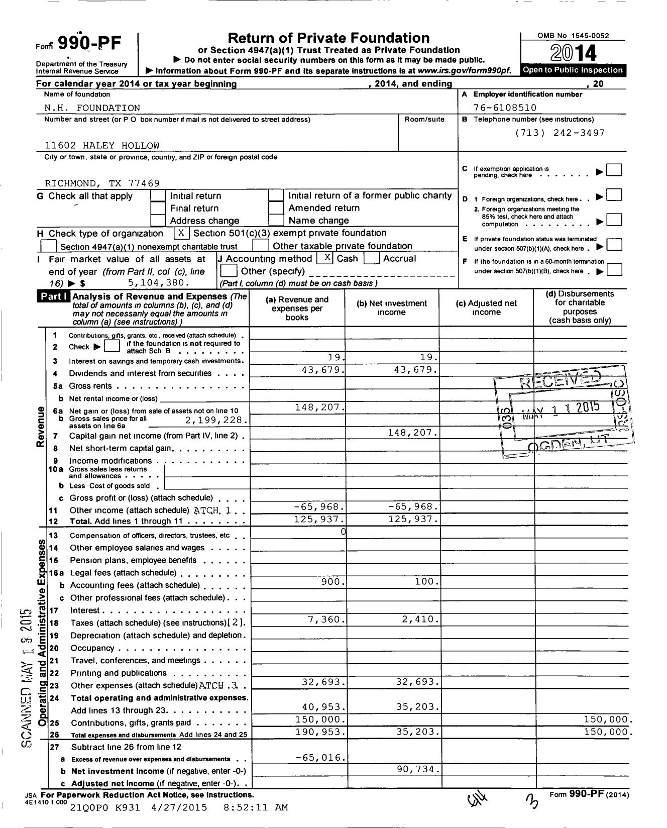 Image of first page of 2014 Form 990PF for N H Foundation