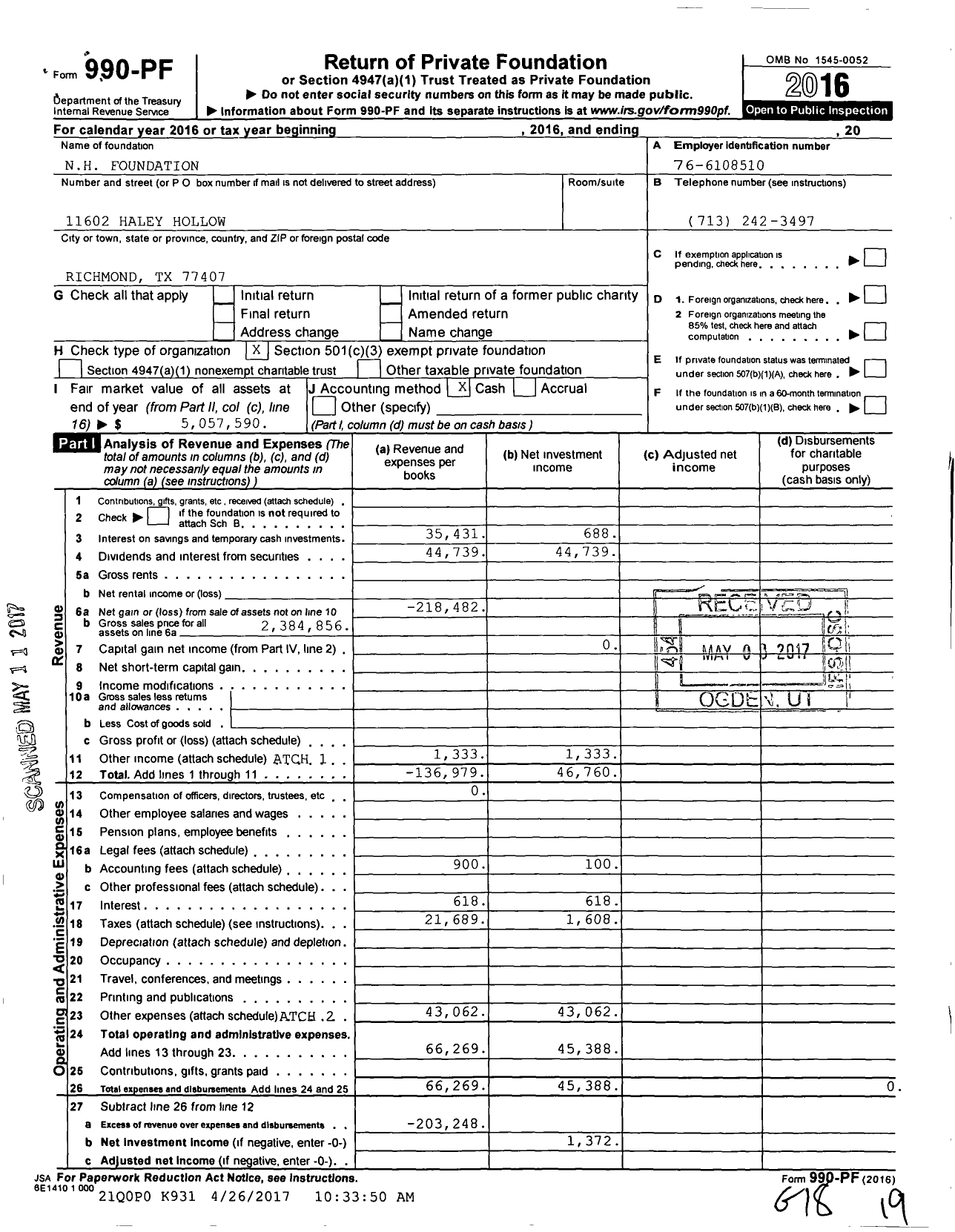 Image of first page of 2016 Form 990PF for N H Foundation