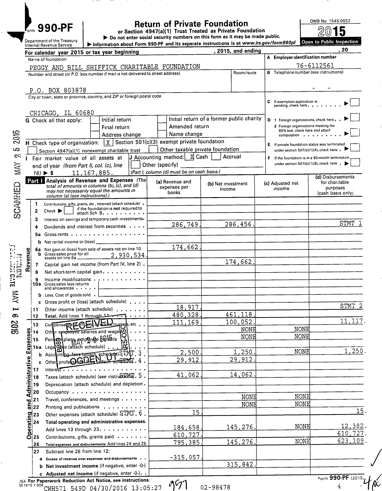 Image of first page of 2015 Form 990PF for Peggy and Bill Shiffick Charitable Foundation