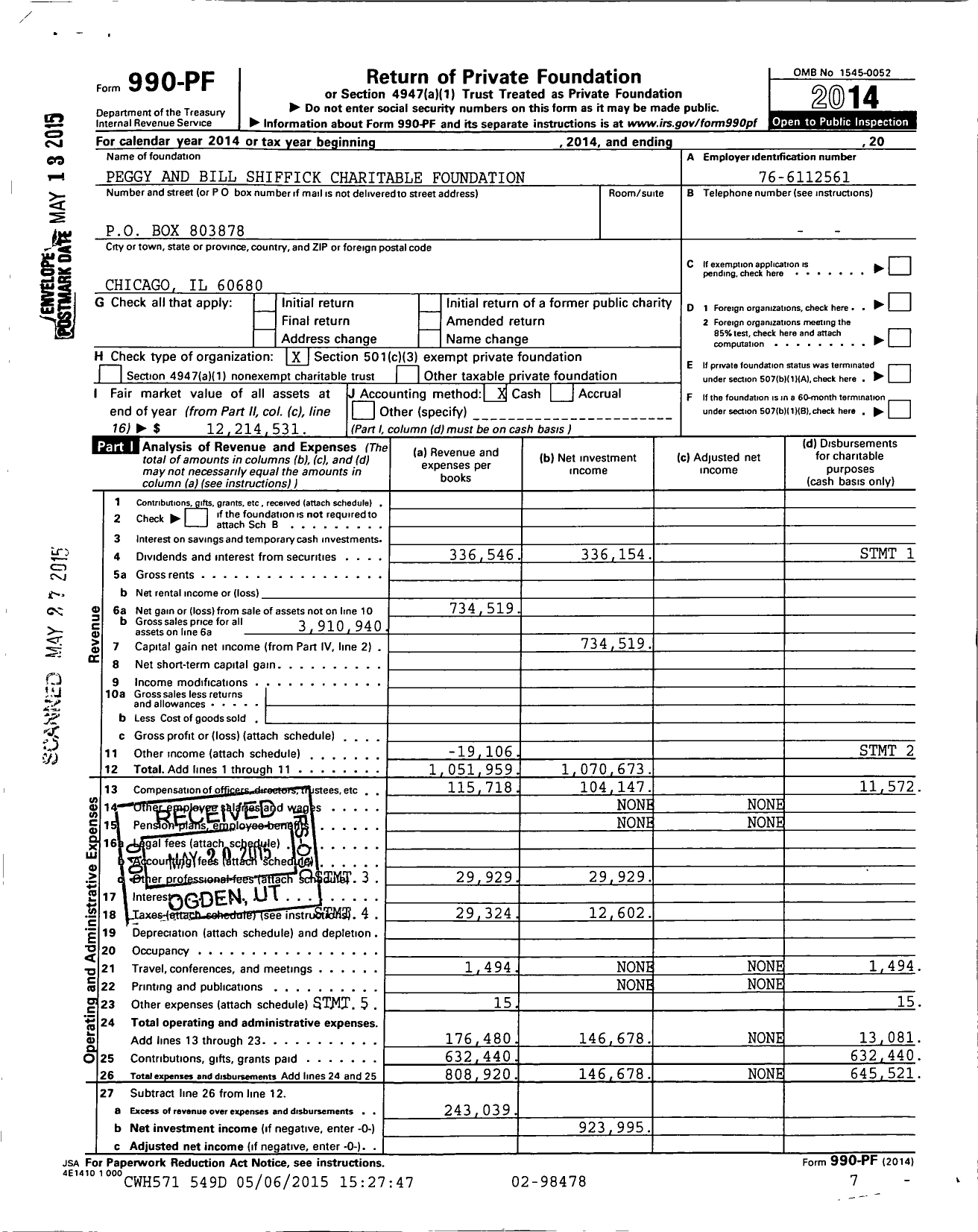 Image of first page of 2014 Form 990PF for Peggy and Bill Shiffick Charitable Foundation