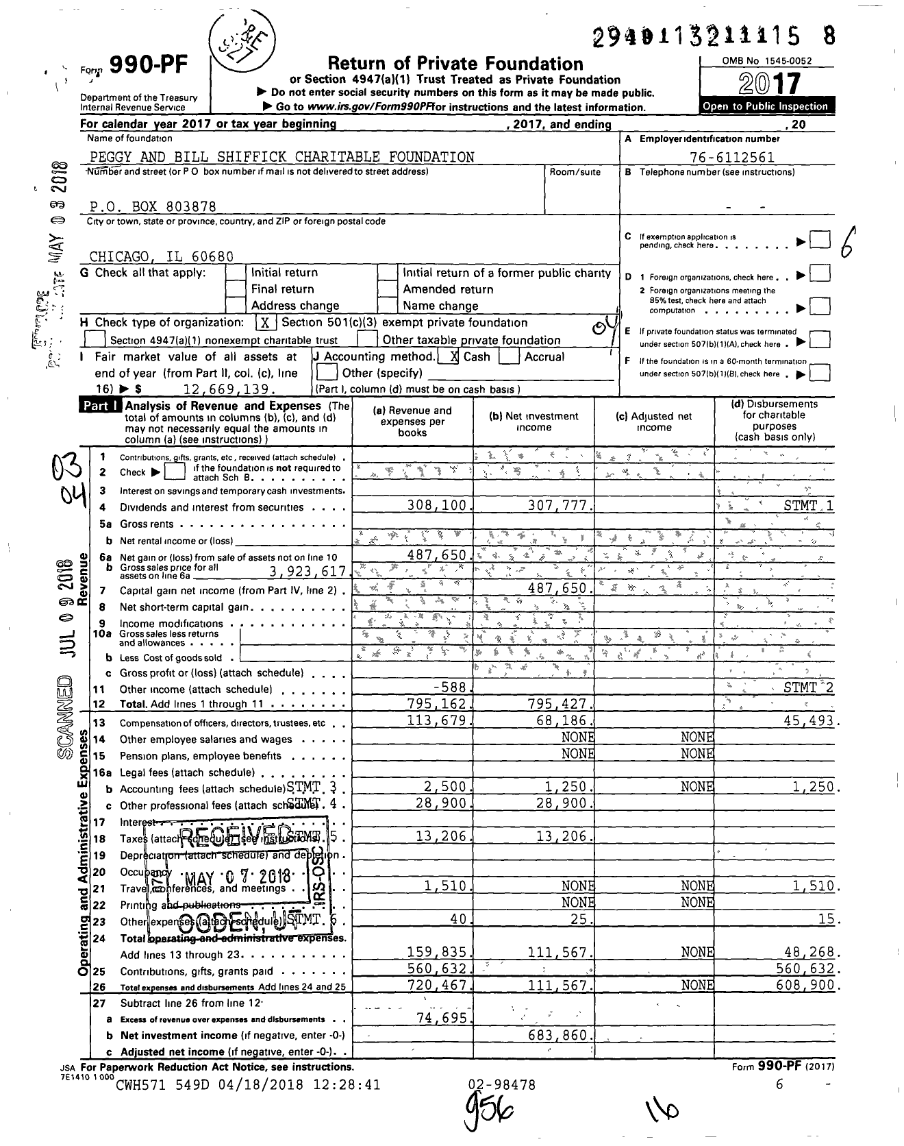 Image of first page of 2017 Form 990PF for Peggy and Bill Shiffick Charitable Foundation