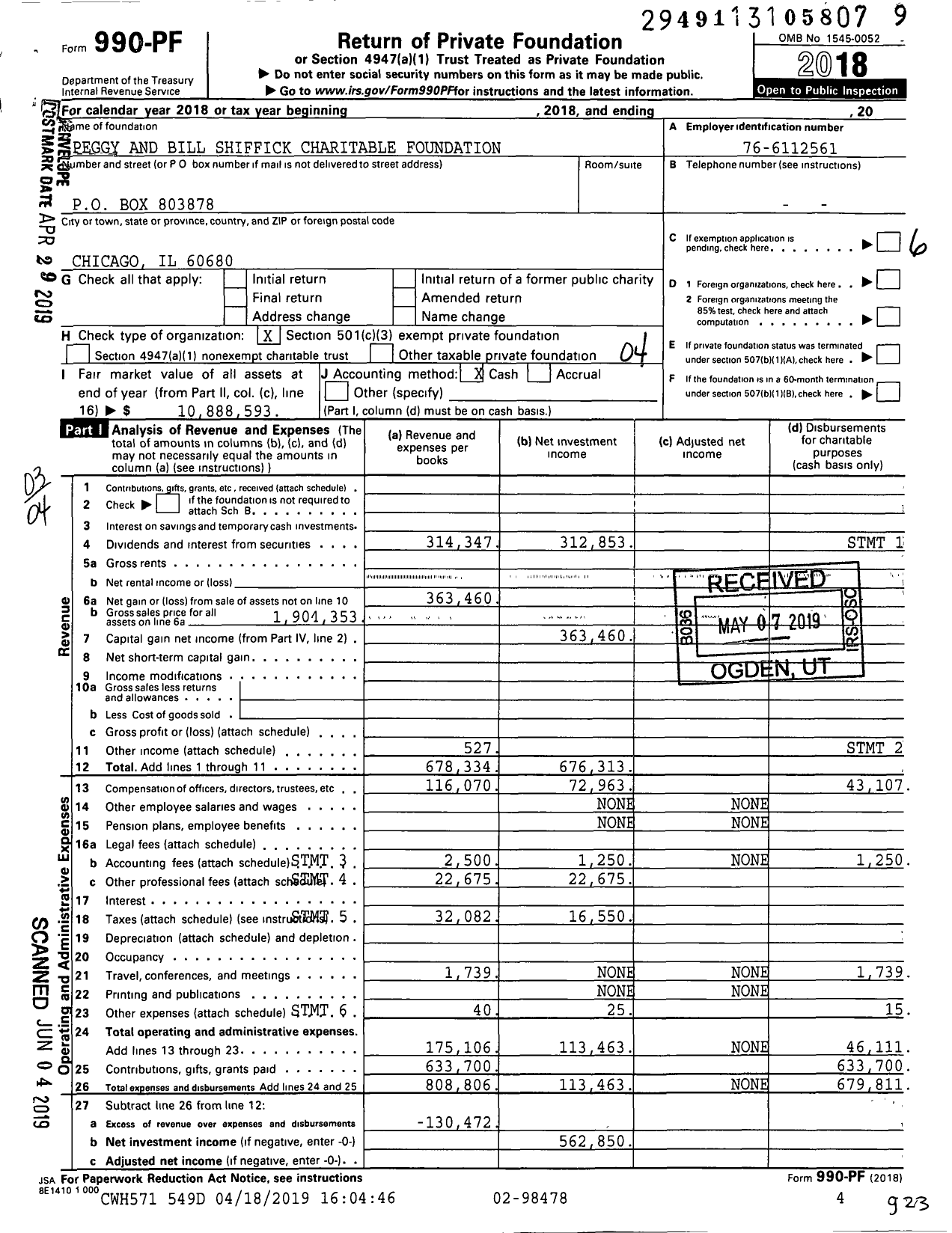 Image of first page of 2018 Form 990PF for Peggy and Bill Shiffick Charitable Foundation